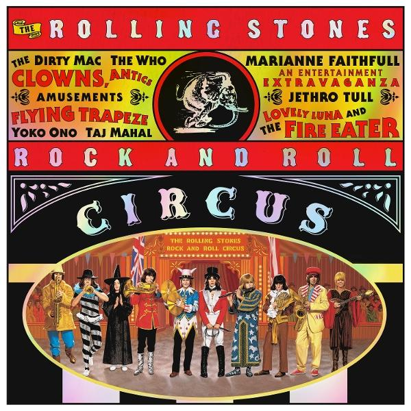 Plakat für Rock and Roll Circus mit The Rolling Stones und anderen Künstlern. Es zeigt ein Zirkusdesign mit Bandmitgliedern.