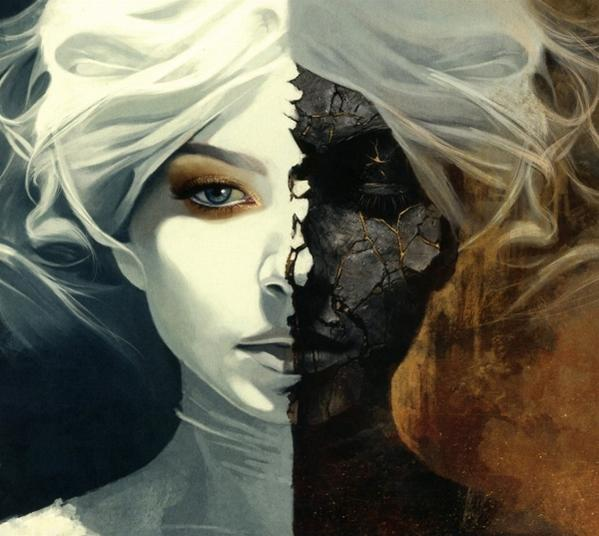 Das Gesicht einer Frau ist geteilt. Eine Seite ist hell mit blauem Auge, die andere dunkel und rissig. Haare umrahmen beide Seiten.