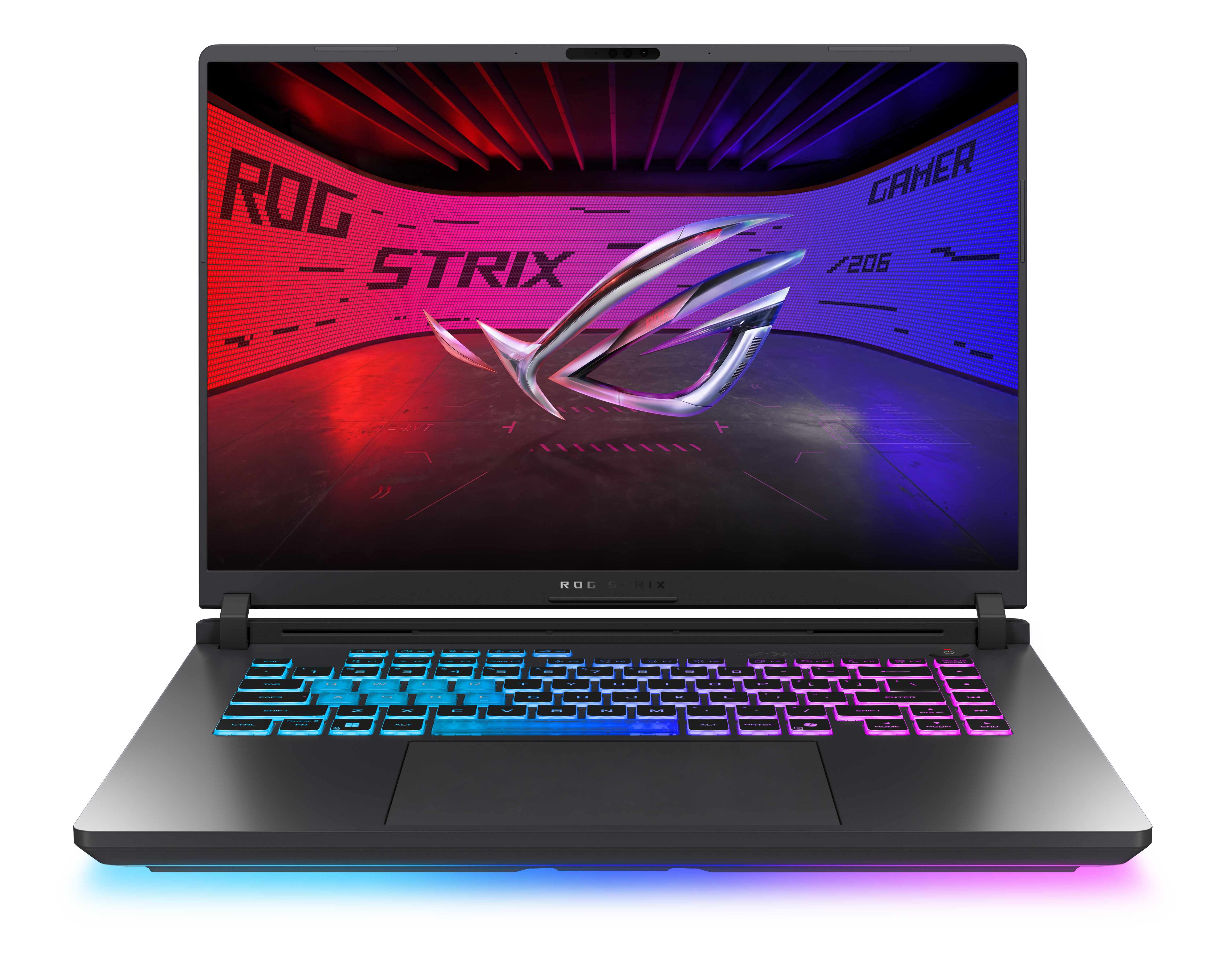 Laptop mit beleuchteter Tastatur. Bildschirm zeigt ROG Strix Logo. Schwarzer Hintergrund mit roten und blauen Farbverläufen.