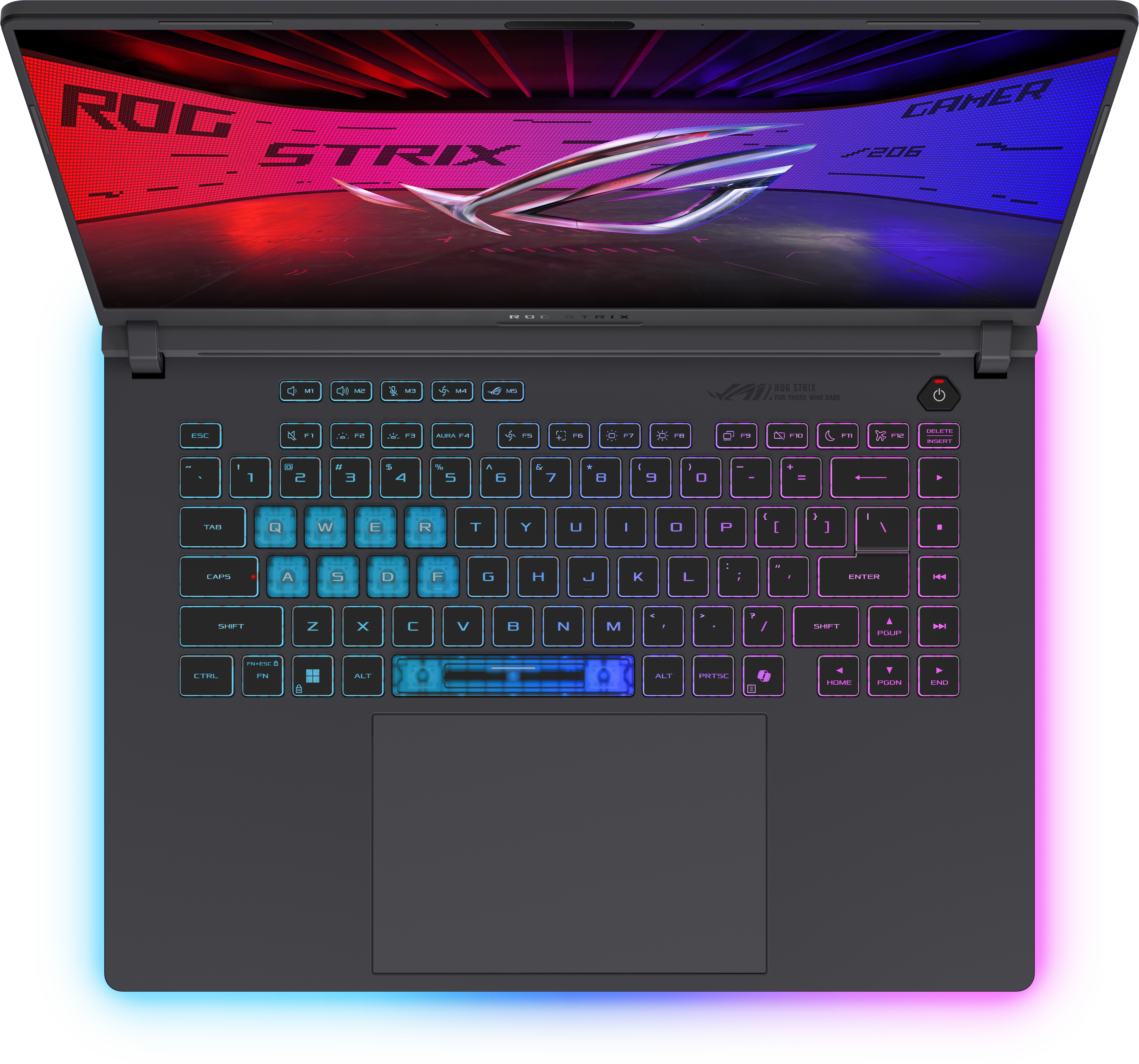 Laptop mit leuchtender Tastatur und Bildschirm mit ROG STRIX. Die Tasten haben blaue und rosa Beleuchtung.