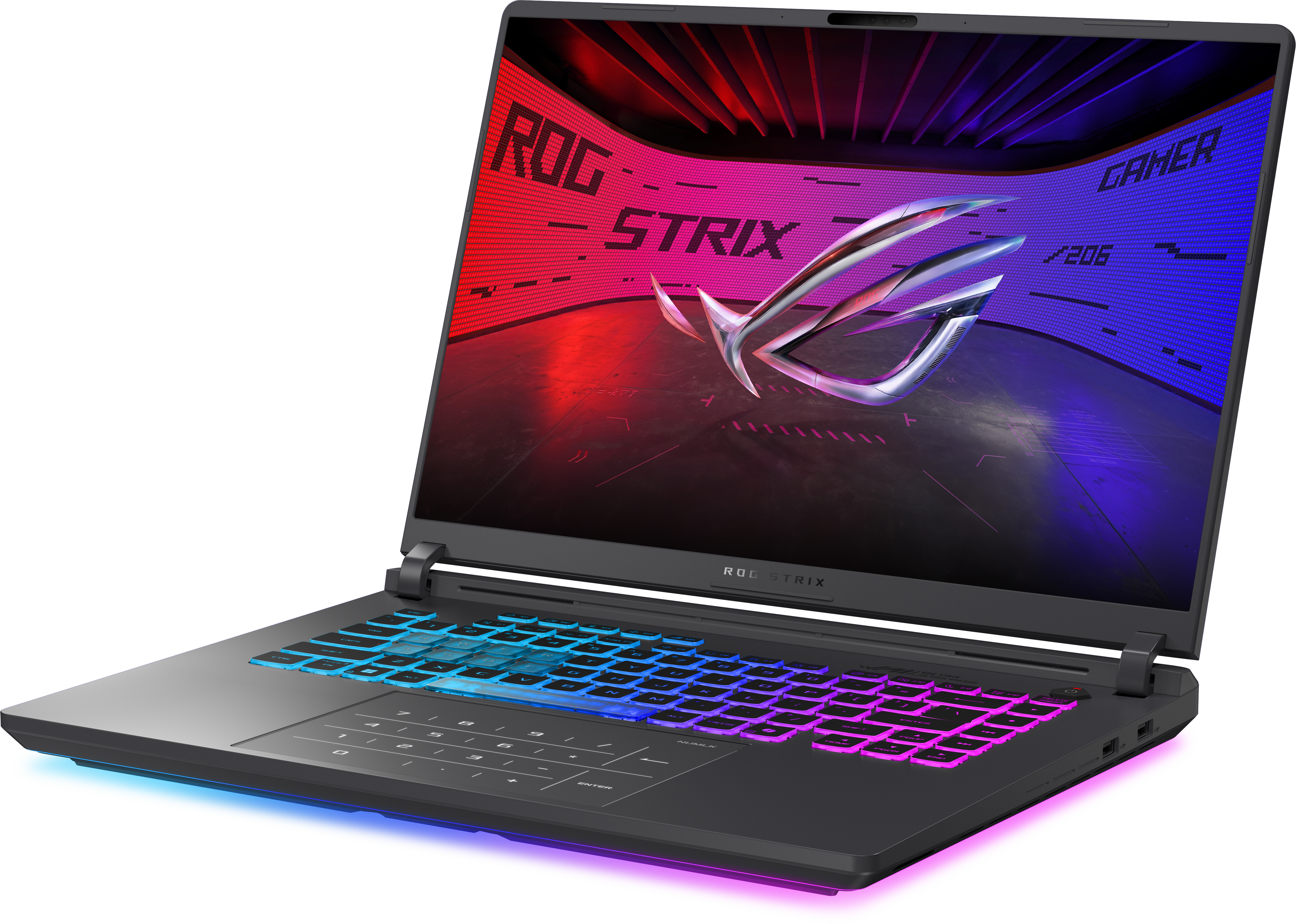Ein Gaming-Laptop mit bunter Tastatur und einem Bildschirm, der ROG STRIX anzeigt. Der Laptop befindet sich auf schwarzem Hintergrund.