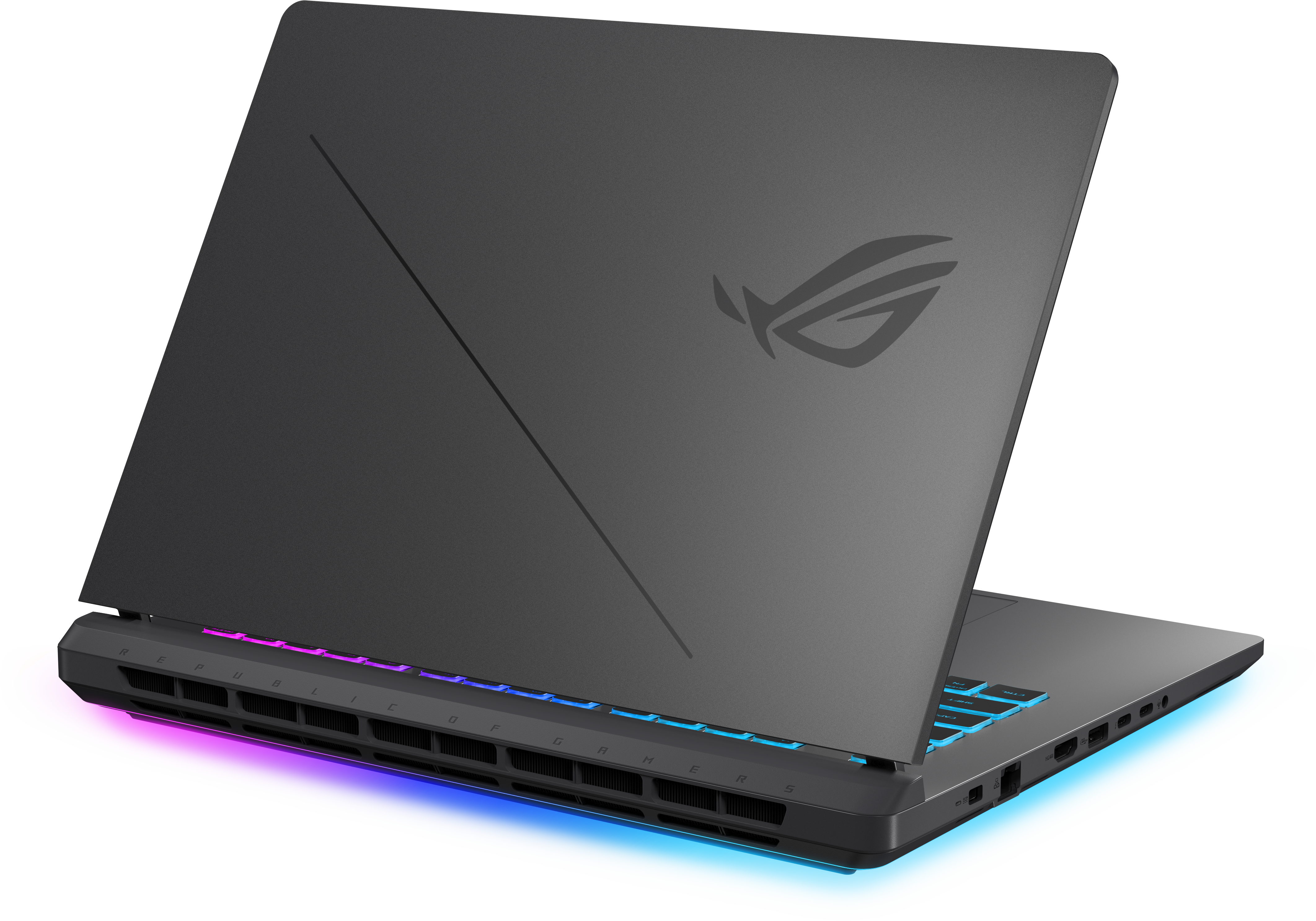 Ein dunkelgrauer Laptop ist geöffnet. Er hat eine diagonale Linie auf dem Deckel. Die Tastatur hat bunte Lichter.