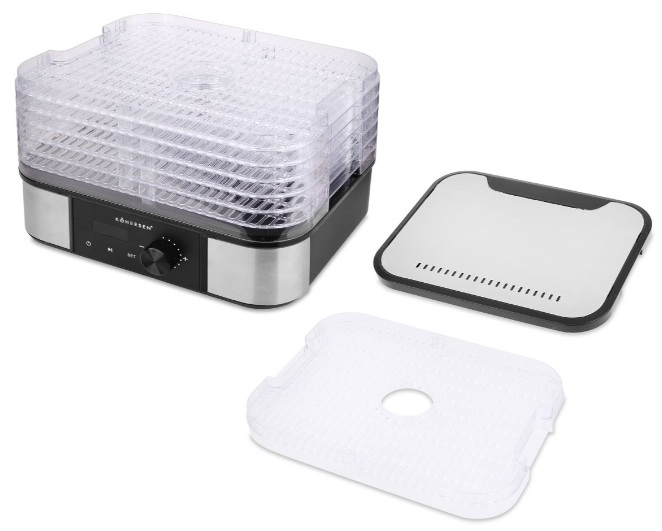 Suszarka do żywności z wieloma przezroczystymi tackami. Posiada wyświetlacz cyfrowy i pokrętło. Jest taca pełna i taca siatkowa.