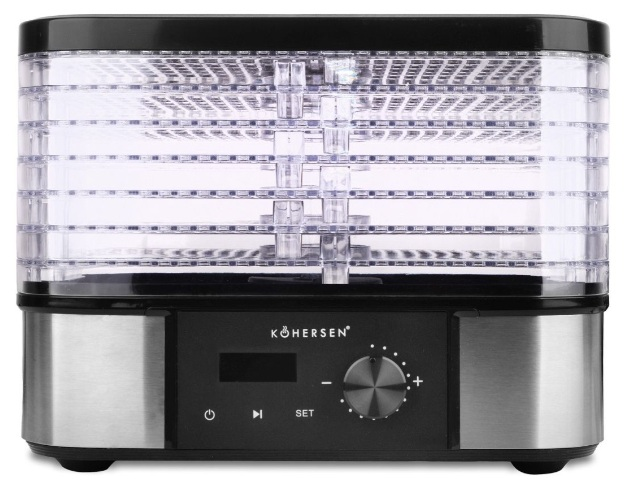 Suszarka do żywności z wieloma przezroczystymi tackami. Ma czarny panel sterowania i srebrną podstawę.