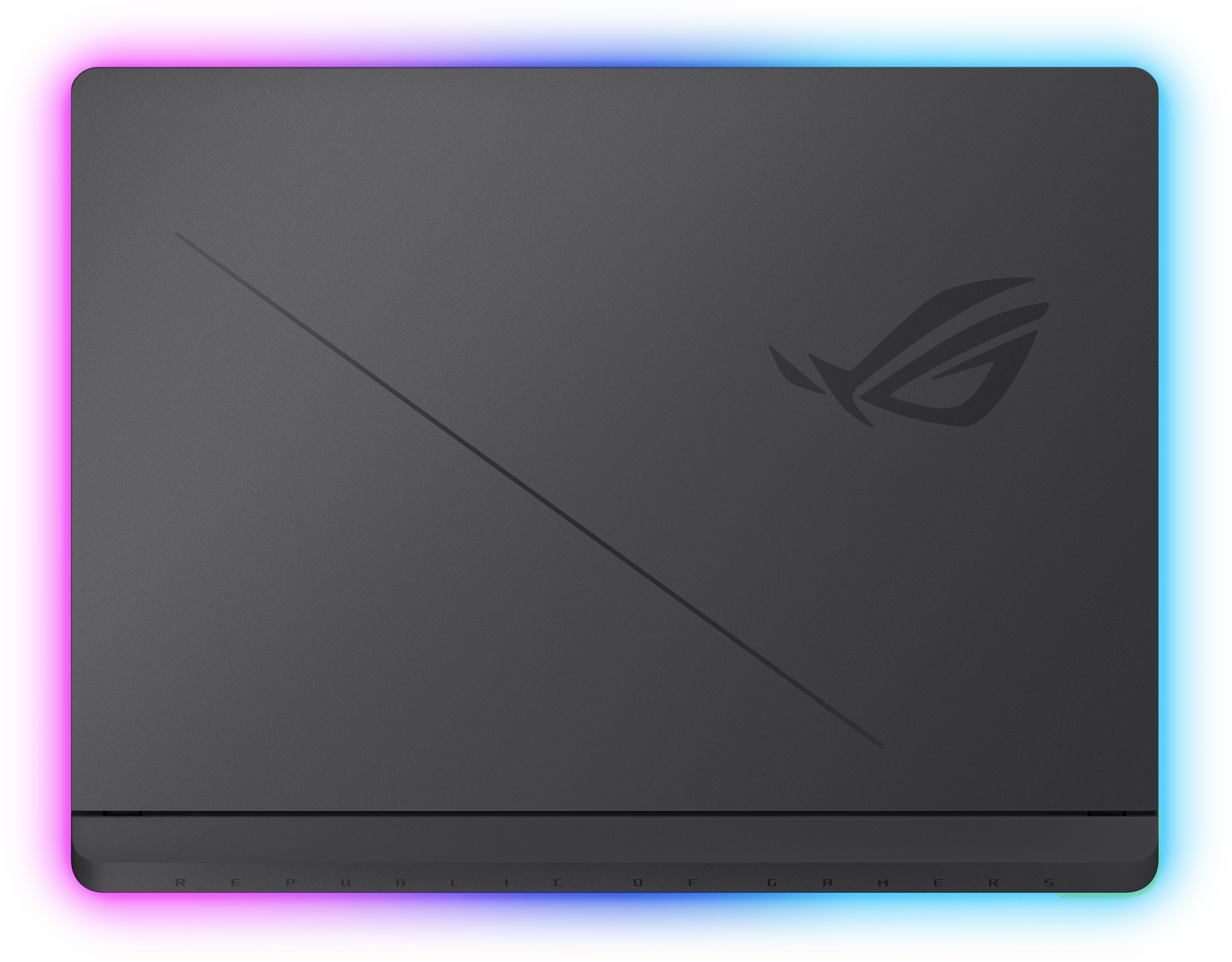 Dunkelgrauer Laptopdeckel mit diagonaler Linie und ROG-Logo. Kanten mit farbigem Gradientenlicht.