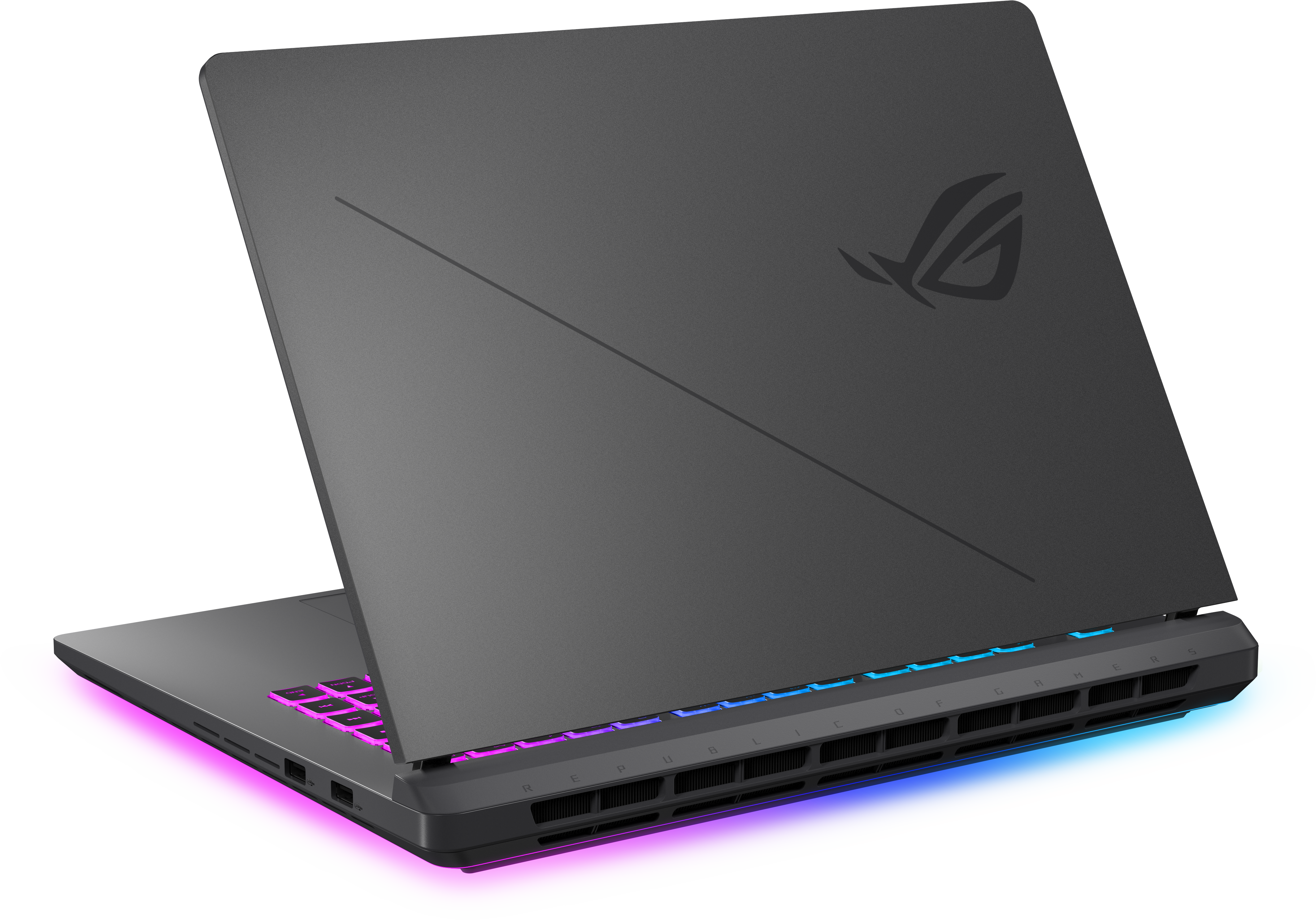Ein dunkelgrauer Laptop ist geöffnet und zeigt die Tastatur und das ROG-Logo. Es hat bunte Beleuchtung.
