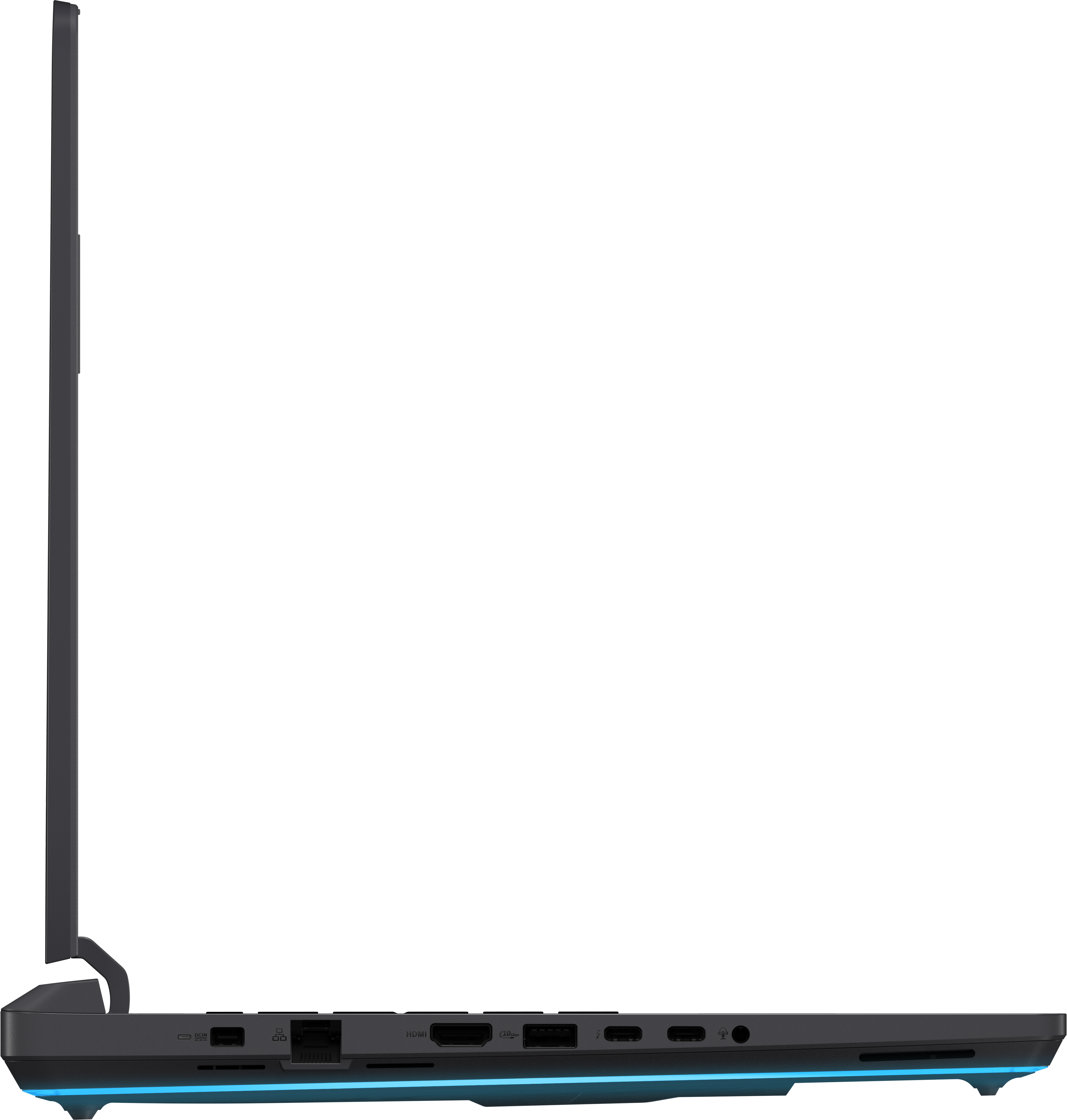 Seitenansicht eines dunkelgrauen Laptops mit blauer Beleuchtung unten. Anschlüsse sind sichtbar.