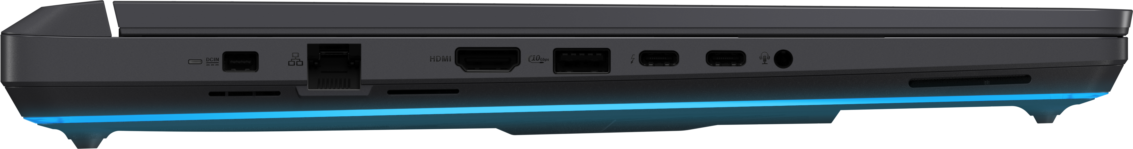 Seitenansicht eines schwarzen Laptops mit Anschlüssen. Enthält HDMI, USB, Audioanschluss und DCIN-Anschlüsse. Blaues Licht.