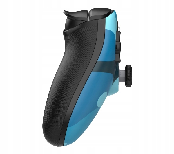 Niebiesko-czarny gamepad. Kontroler jest głównie niebieski ze wzorem, czarnym uchwytem i czarnym joystickiem.