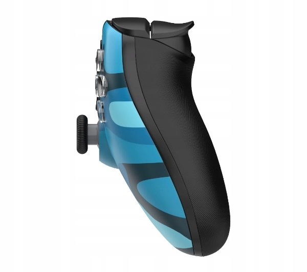 Niebiesko-czarny gamepad. Kontroler ma czarny tył i niebieskie paski. Widoczny jest lewy joystick.