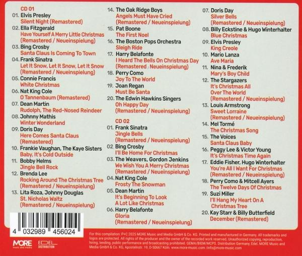 CD-Cover. Listet Weihnachtslieder verschiedener Künstler, darunter Elvis Presley und Frank Sinatra, auf zwei CDs auf, mit Titellisten.