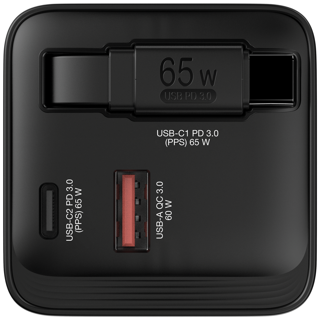 USB-C ve USB-A bağlantı noktalarına sahip siyah güç adaptörü. Metin 65W ve 60W çıkışları gösterir. Etiketler USB PD 3.0 ve QC 3.0'ı içerir.