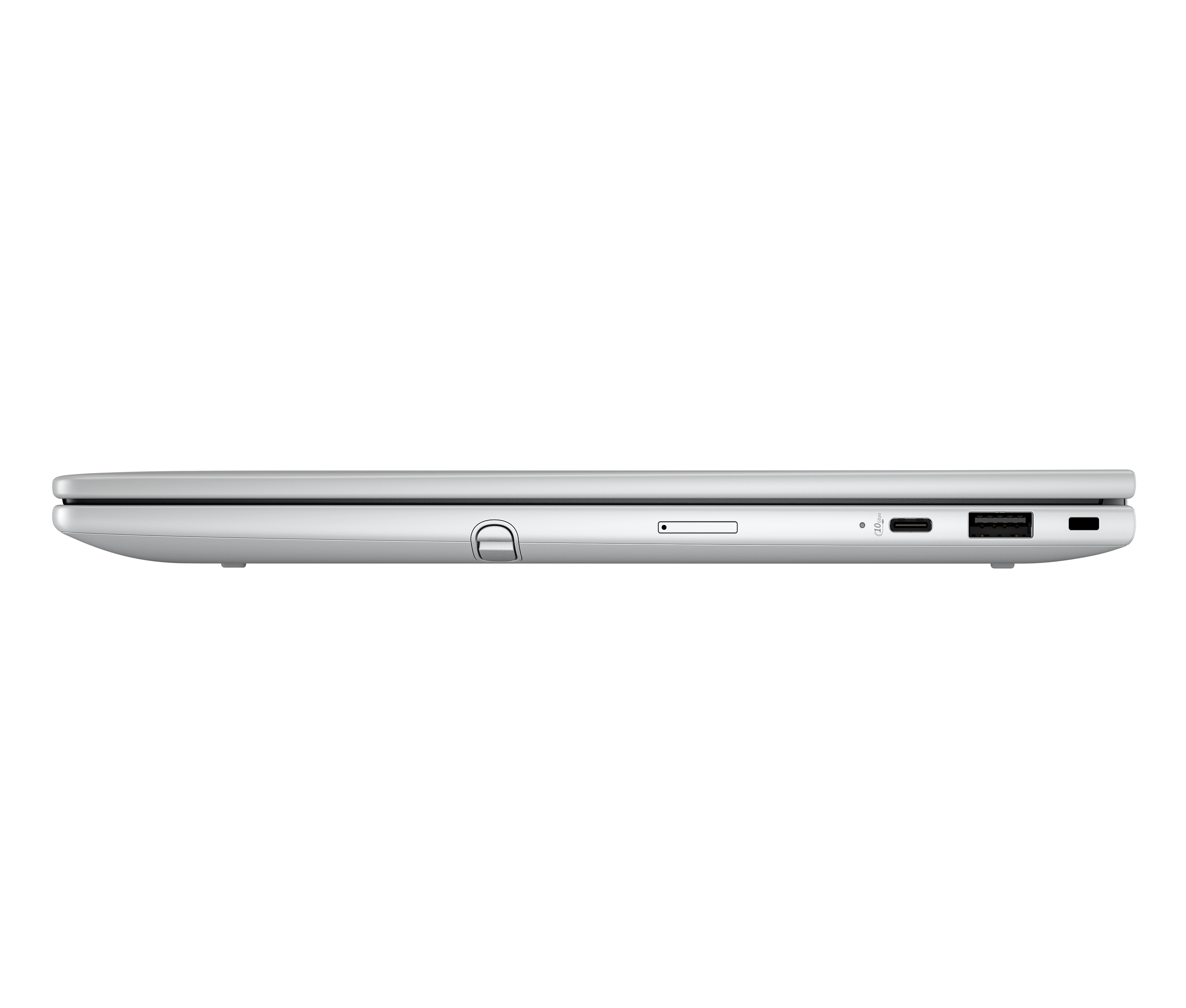 Seitenansicht eines silbernen Laptops. Sichtbare Anschlüsse sind USB, HDMI und ein Ladeanschluss. Der Laptop ist geschlossen.
