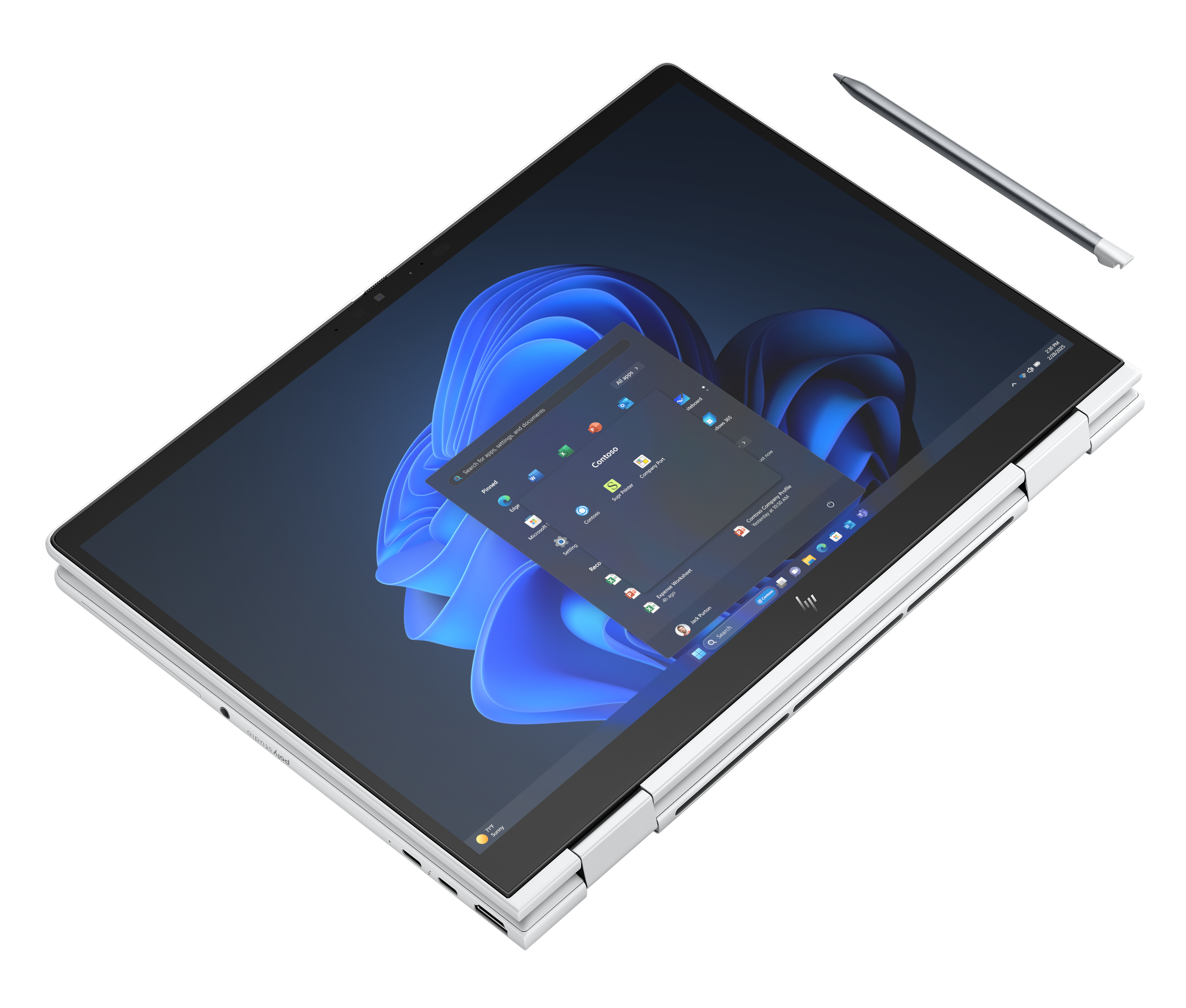 Ein Laptop ist geöffnet und zeigt die Windows-Oberfläche. Ein Stift befindet sich oben rechts. Der Laptop ist silberfarben.