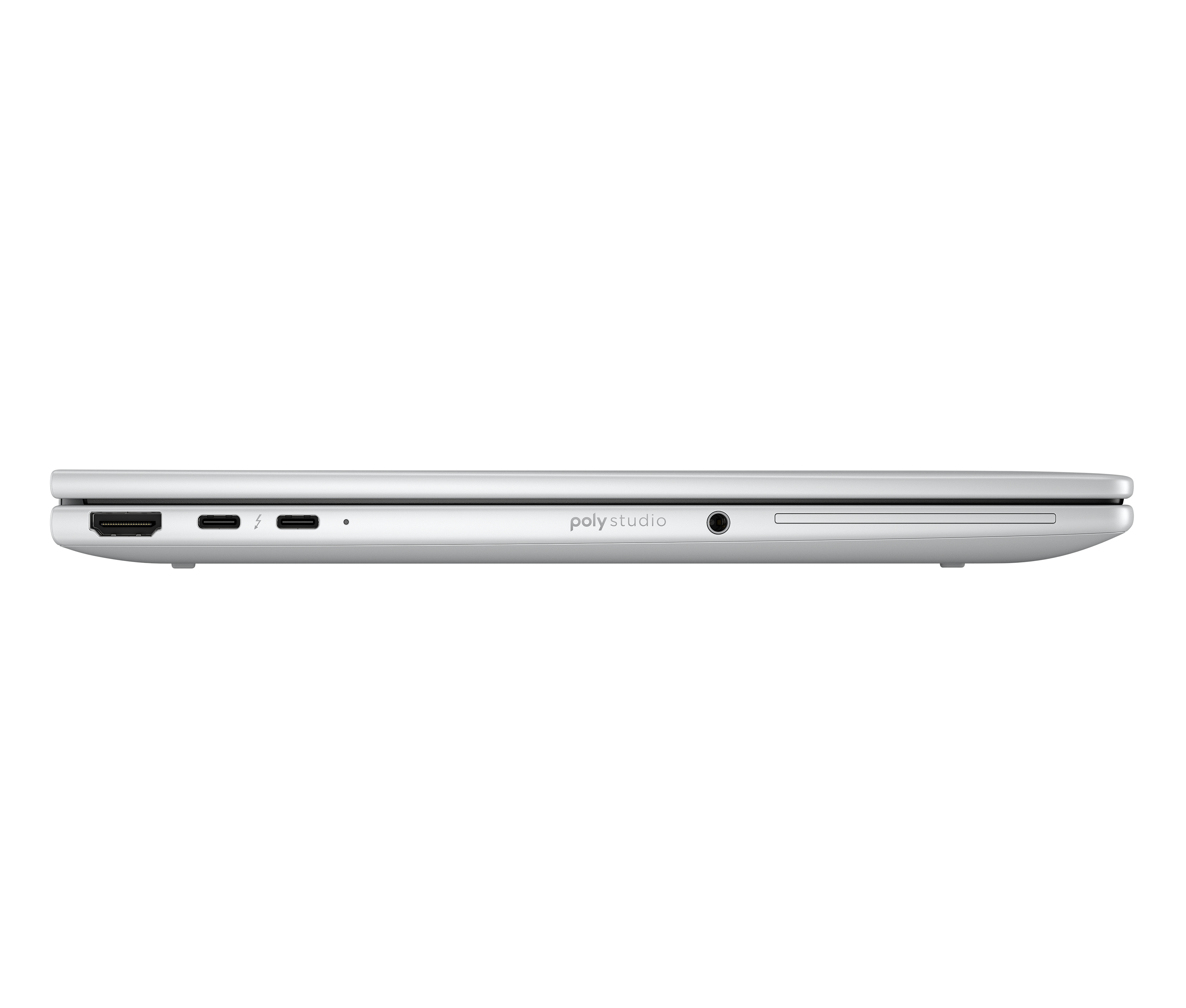 Seitenansicht eines silbernen Laptops. Anschlüsse umfassen HDMI, USB-C und Audioanschluss. Die Marke 'poly studio' ist aufgedruckt.