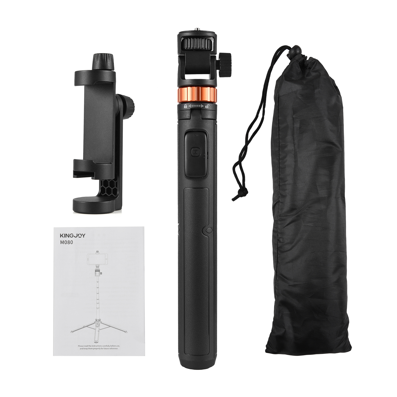 Beyaz bir yüzeyde siyah bir telefon tutucu, tripod, taşıma çantası ve kullanım kılavuzu bulunmaktadır. Tripod turuncu detaylara sahiptir.
