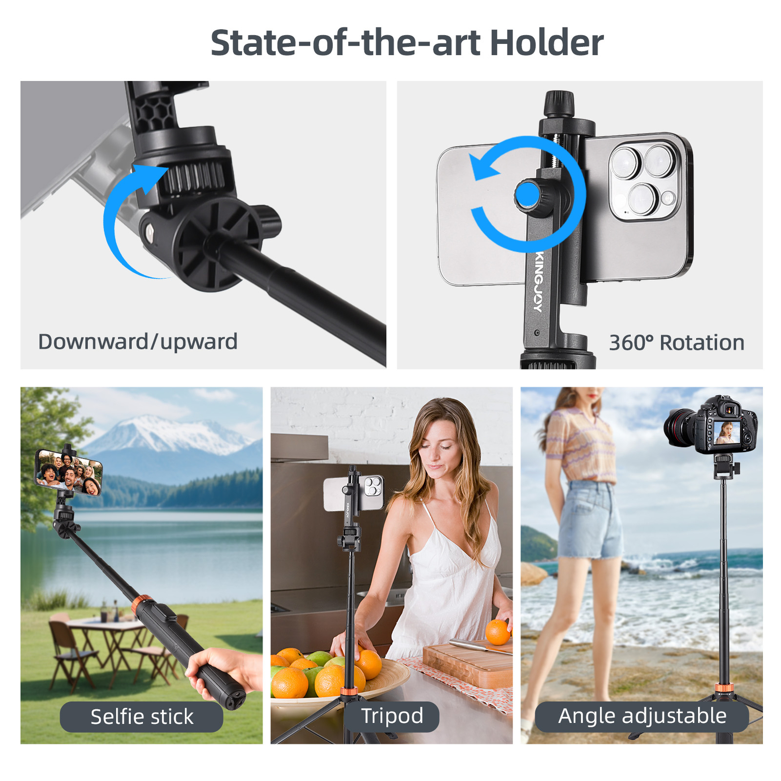 Görüntü, aşağı/yukarı ve 360° dönüşe sahip bir telefon tutucu gösteriyor. Ayrıca bir selfie çubuğu, tripod ve ayarlanabilir stand.