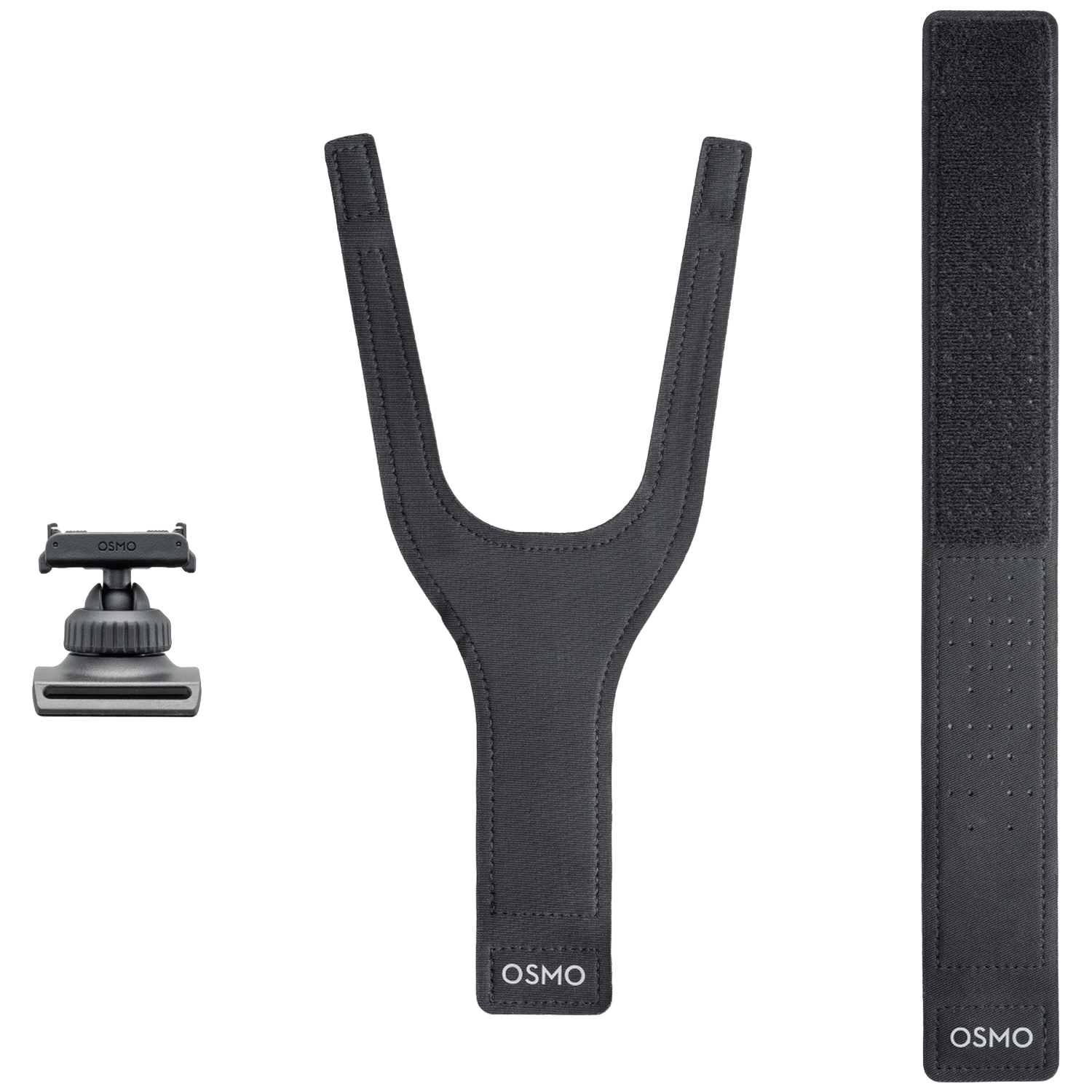 Drie donkergrijze Osmo-accessoires: een Y-vormige band, een lange band met klittenband en een houder.