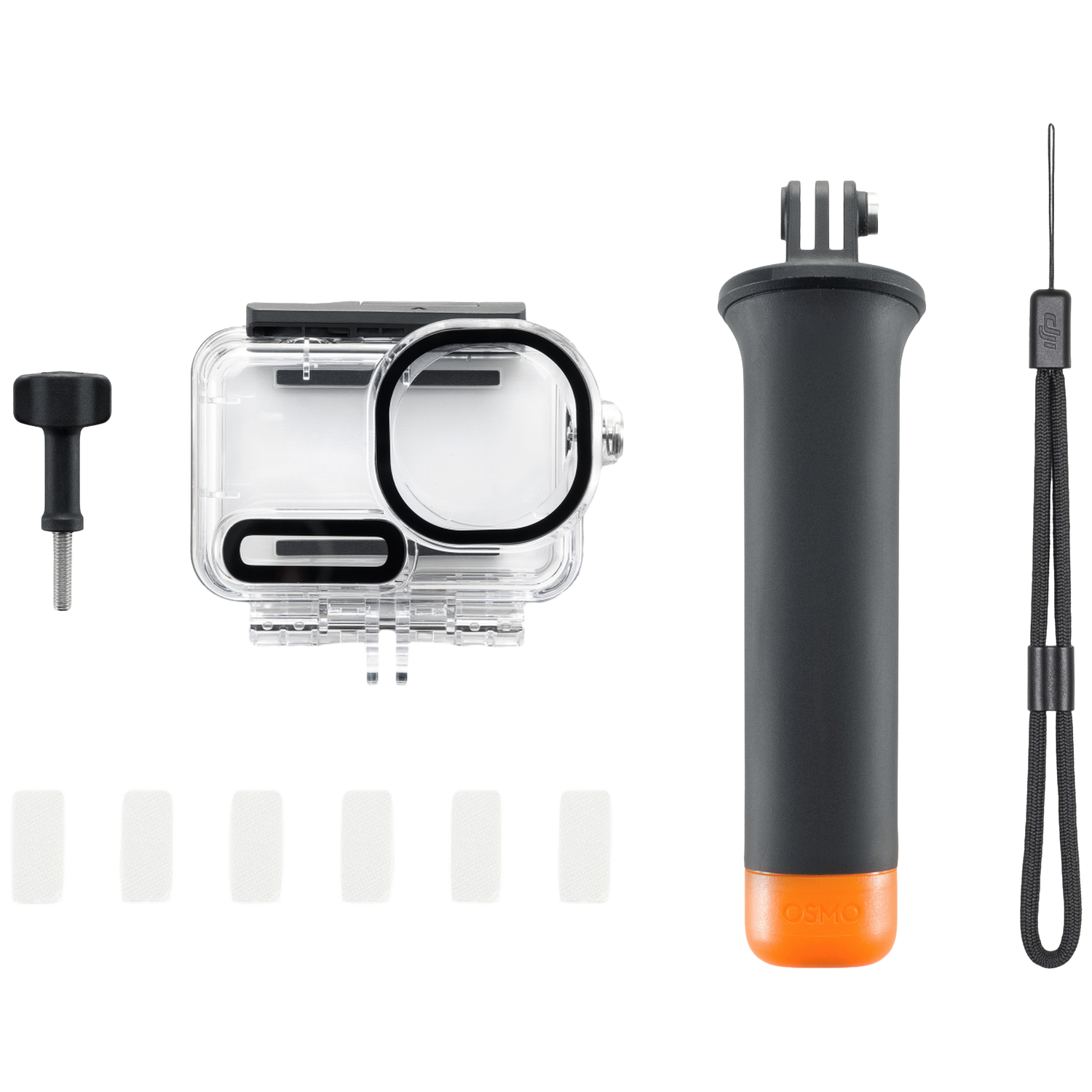 A set of camera accessories, including a clear waterproof case, black handle, wrist strap, screw, and several white pads.