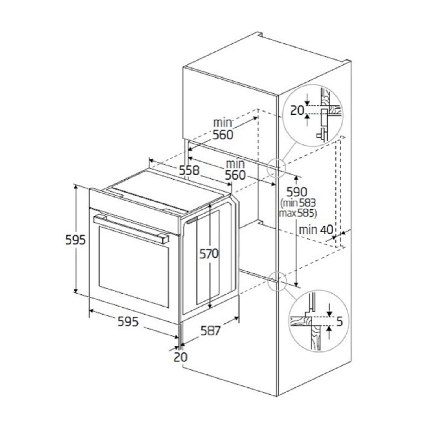 Schema di un forno a incasso con dimensioni in millimetri. Mostra le dimensioni complessive e i requisiti di spazio di installazione, inclusi altezza, larghezza e profondità.