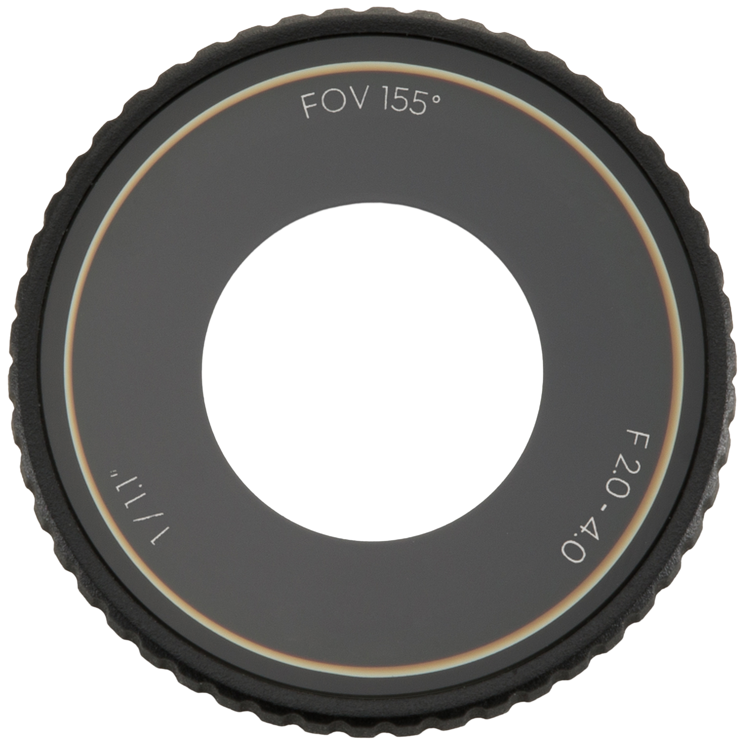 Cirkelvormige lens met een donkergrijs midden en zwarte buitenring. Tekst omvat FOV 155°, 1/1" en F 2.0-4.0.