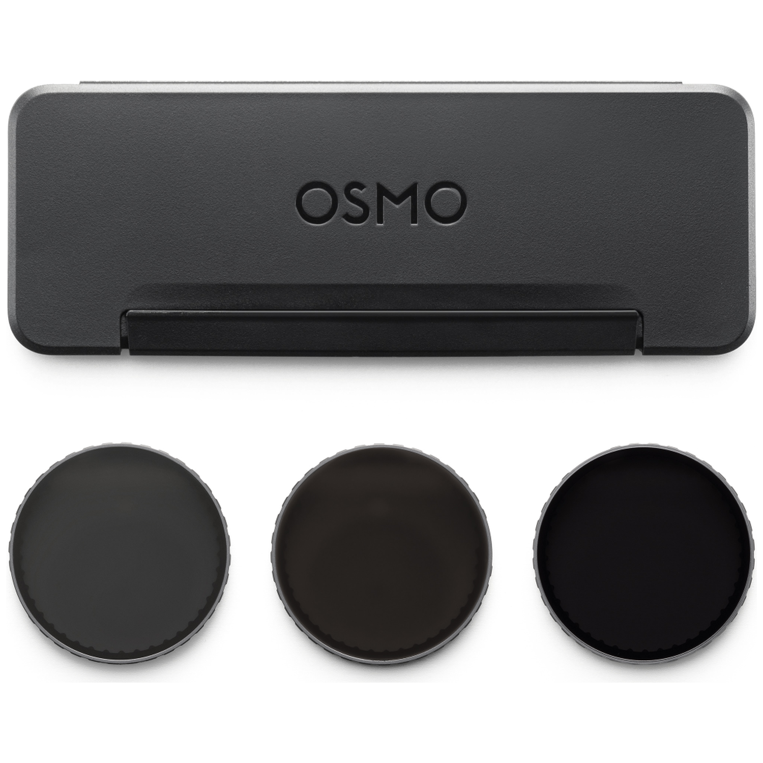 Een zwarte Osmo-koffer met drie ronde, donkere filters. De koffer is rechthoekig met het Osmo-logo. Filters op een witte achtergrond.