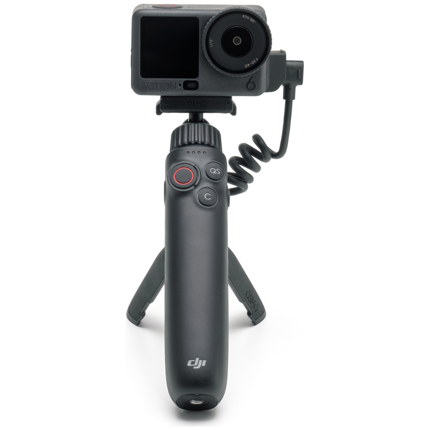 Een zwarte actiecamera op een statief. Het heeft een lens, scherm en knoppen. Een kabel verbindt het met de handgreep, met knoppen en een logo.