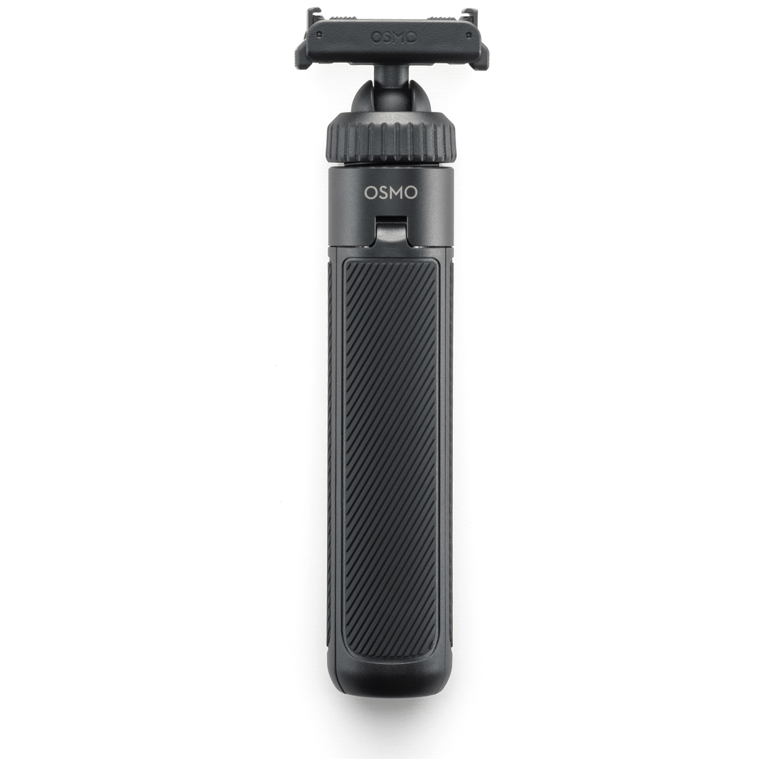 Een zwarte Osmo camerastabilisator staat gecentreerd op een witte achtergrond. Het heeft een getextureerde grip en een top mount.