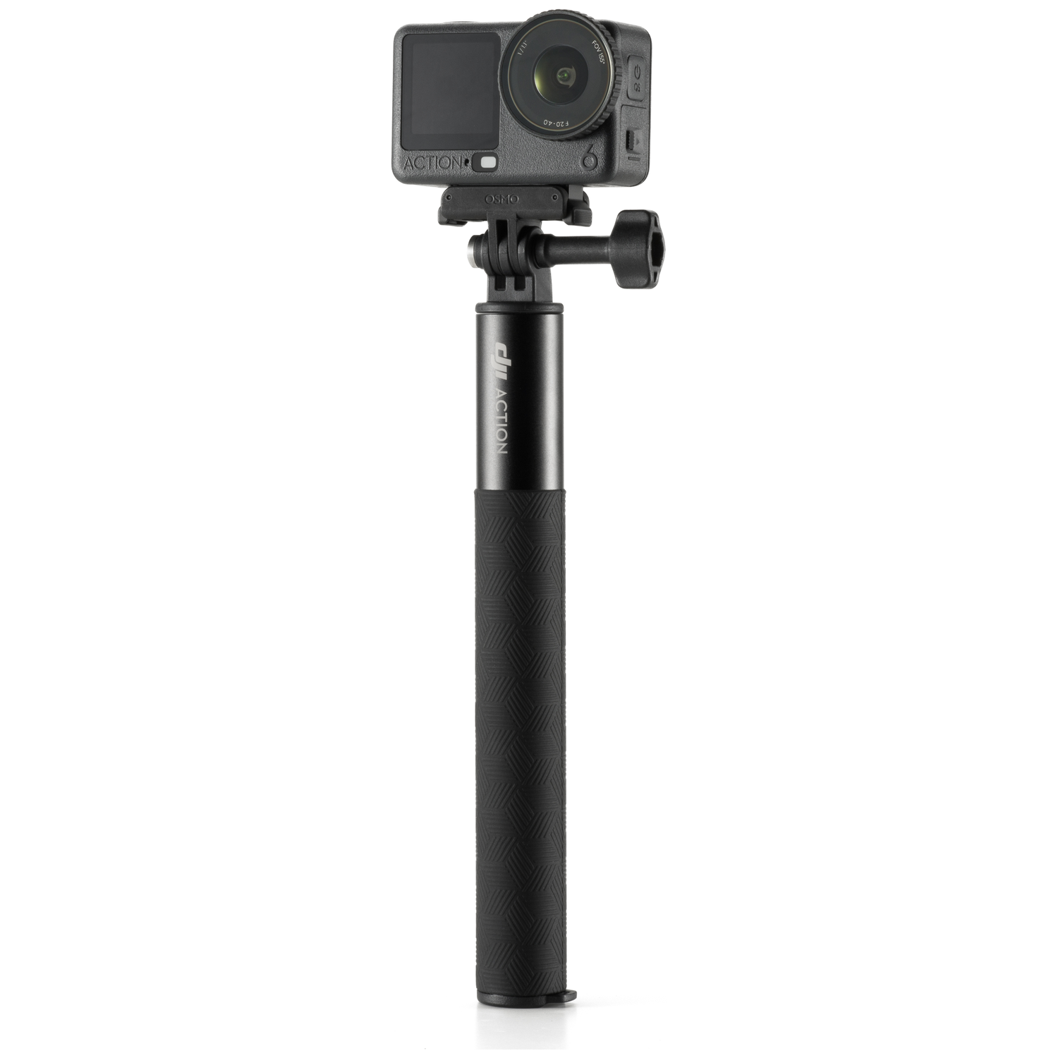 Zwarte actiecamera gemonteerd op een zwarte selfiestick, tegen een witte achtergrond. De camera is voorzien van het label "ACTION".