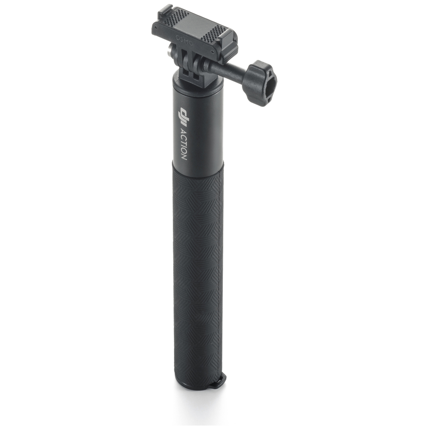 Zwarte Osmo Action-camerapaal. Het heeft een getextureerde grip, een montagekop en een vergrendelingsknop. De achtergrond is wit.