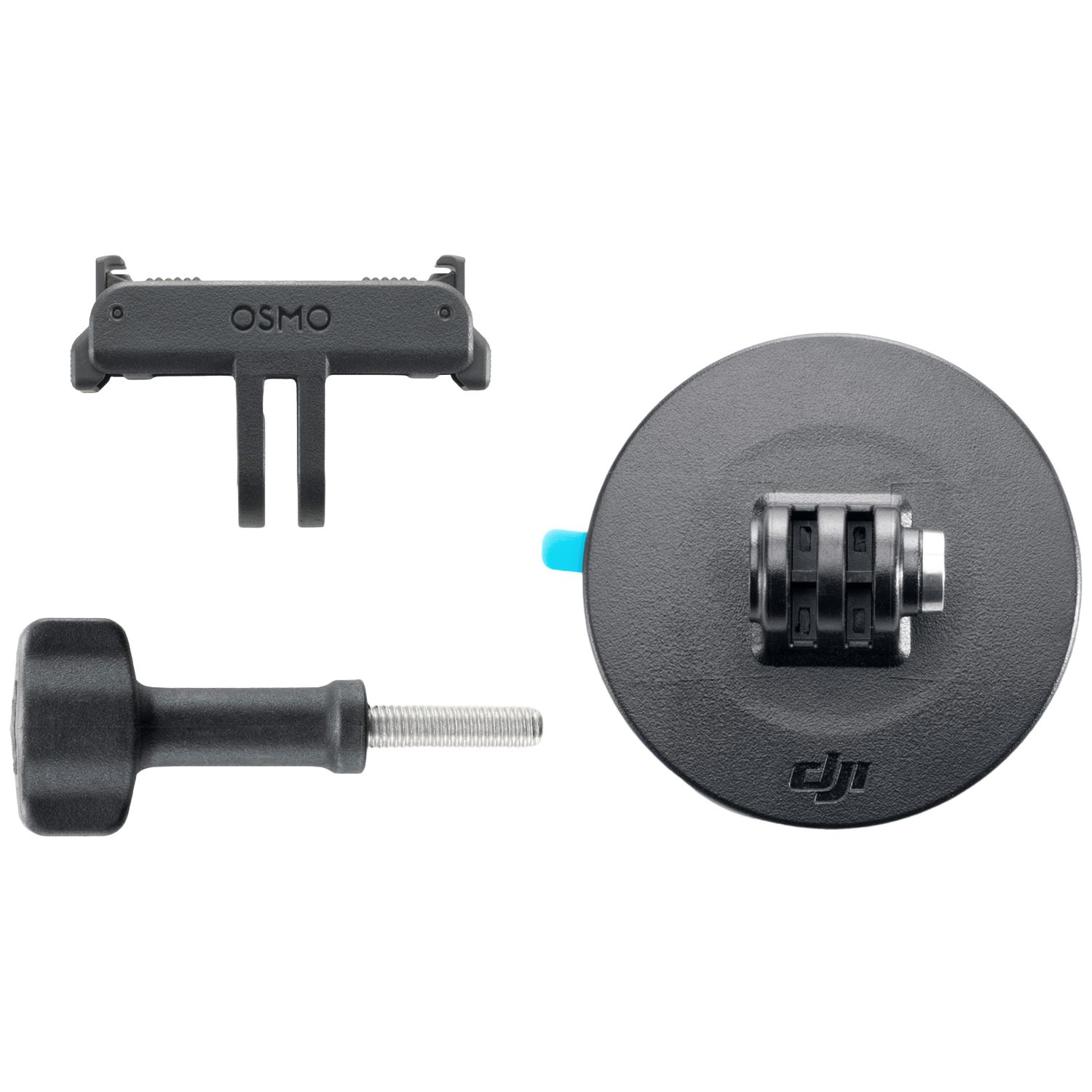 Drie zwarte camera-accessoires op wit. Bevat een beugel met "OSMO", een ronde basis met sluitingen en een schroef.