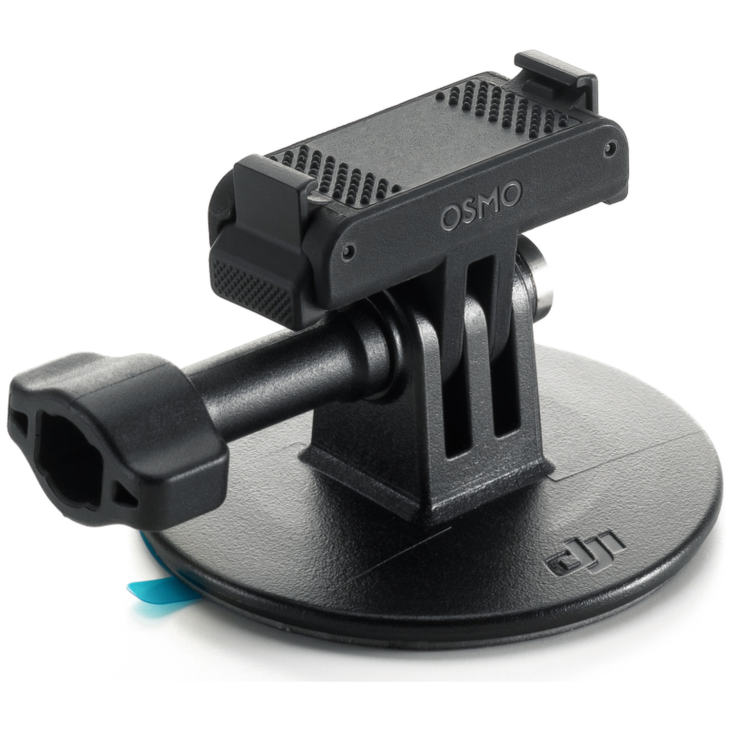 Zwarte Osmo telefoonhouder. Hij is gemonteerd op een zwarte basis. De telefoonhouder is via een kleine arm met de basis verbonden.
