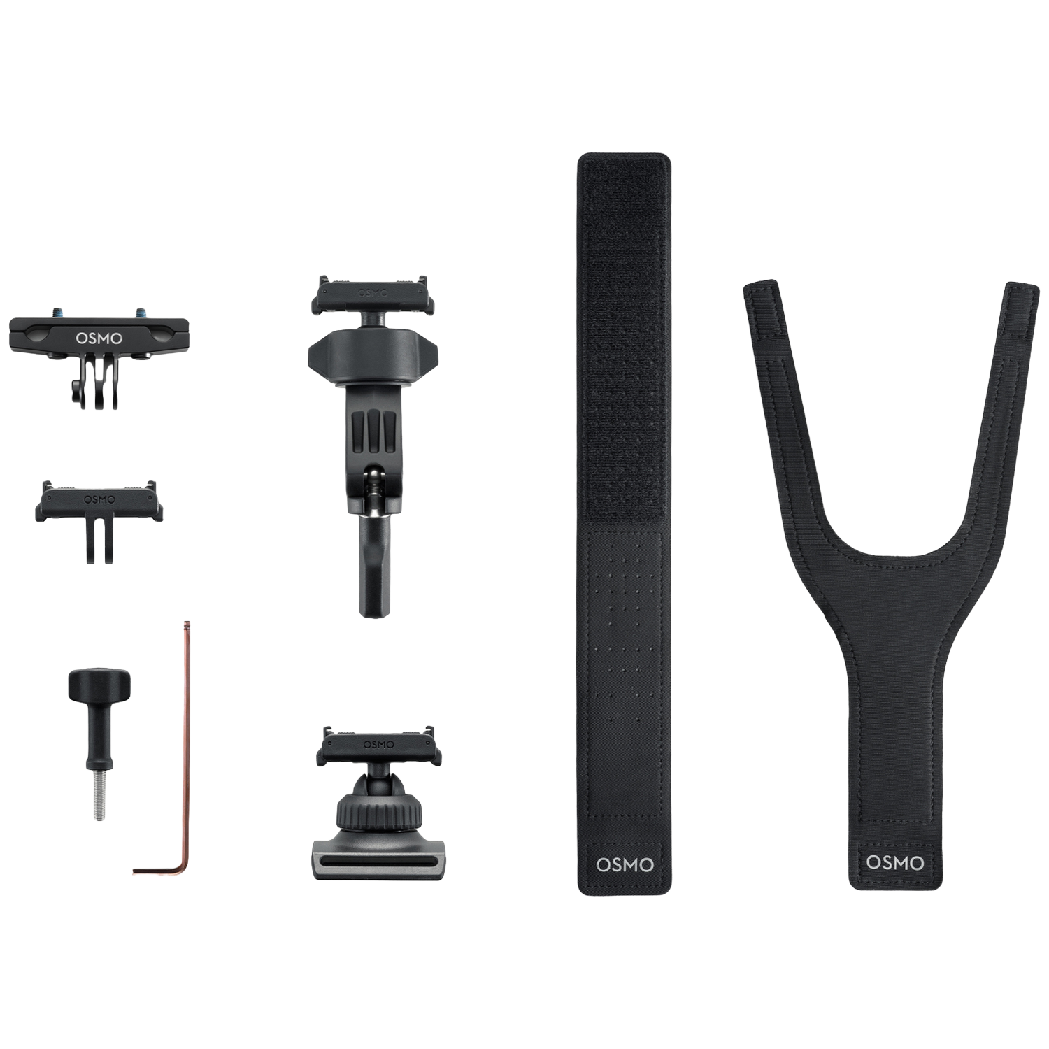 Diverse zwarte Osmo camera-accessoires zijn gerangschikt op een witte achtergrond. Inclusief mounts, riemen, gereedschap en een Y-vormig stuk.