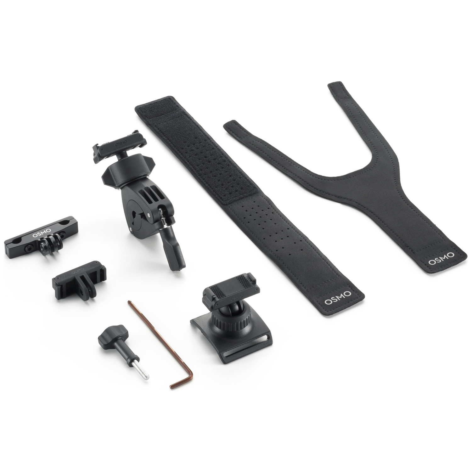 Diverse zwarte Osmo camera-accessoires op een witte ondergrond, waaronder mounts, banden en gereedschap. Het Osmo-logo is zichtbaar.