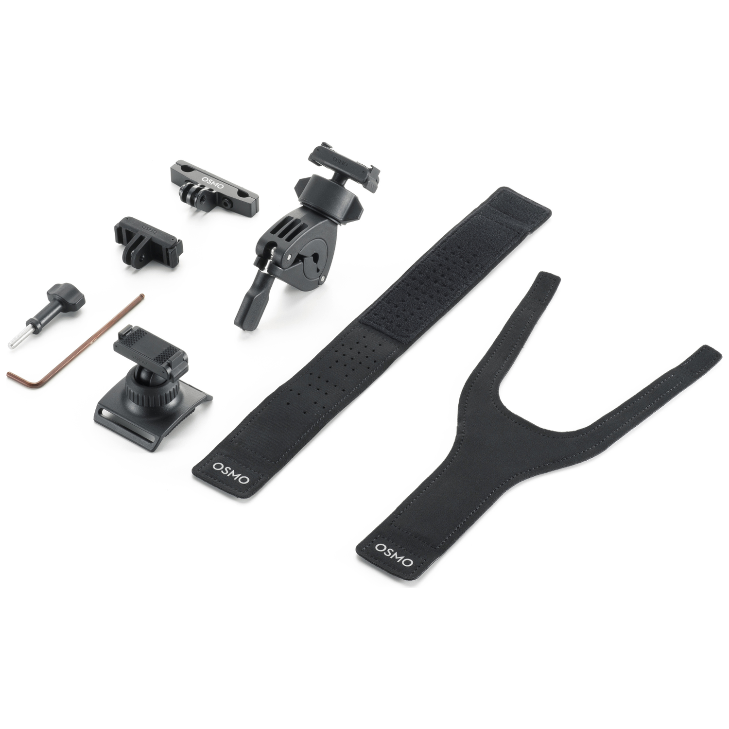 Diverse zwarte Osmo camera-accessoires zijn gerangschikt op een witte ondergrond. Inclusief mounts, riemen, gereedschap en een schroef.