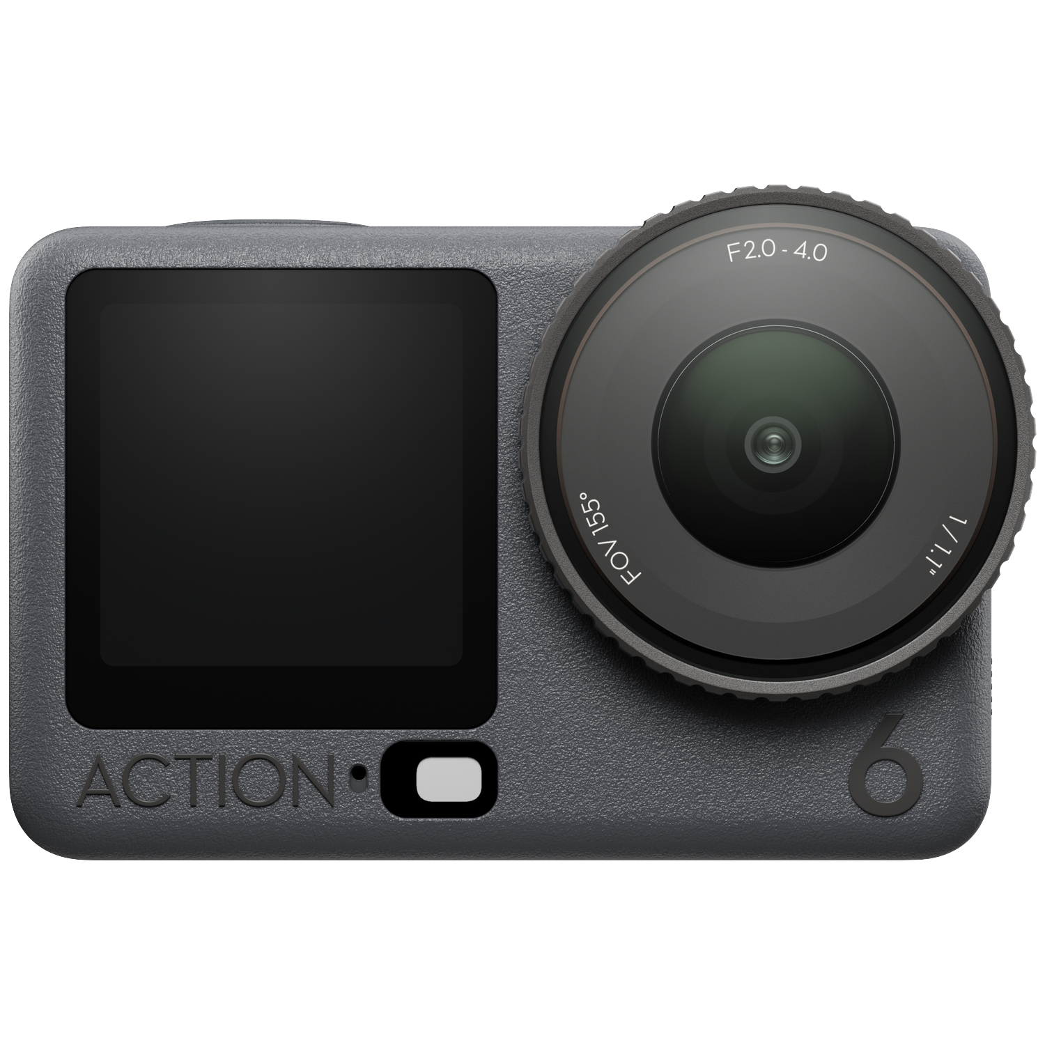 Une caméra d'action grise avec un grand objectif et un écran. L'objectif a des marquages, et le mot "ACTION" est visible.