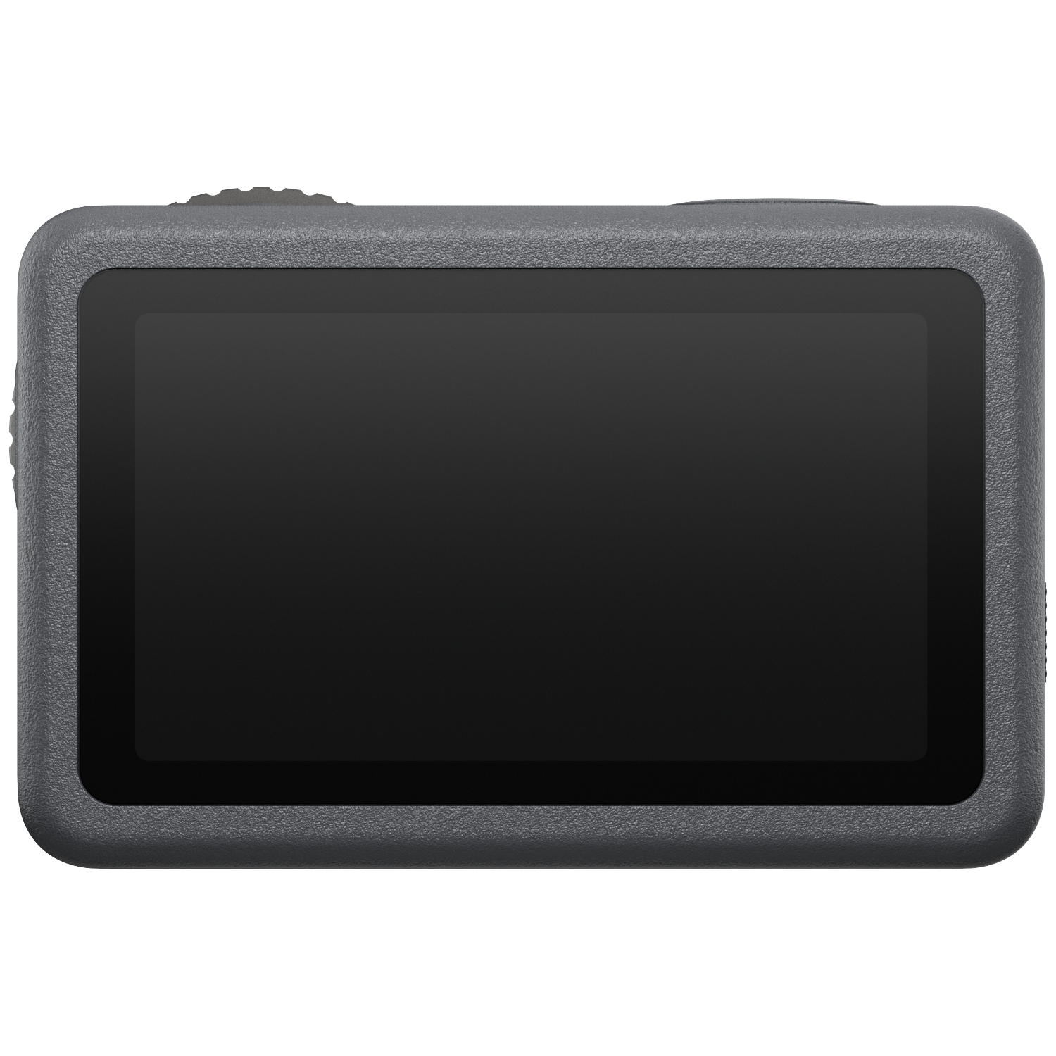 Une caméra d'action rectangulaire gris foncé avec écran noir. Surface texturée et bouton en haut.
