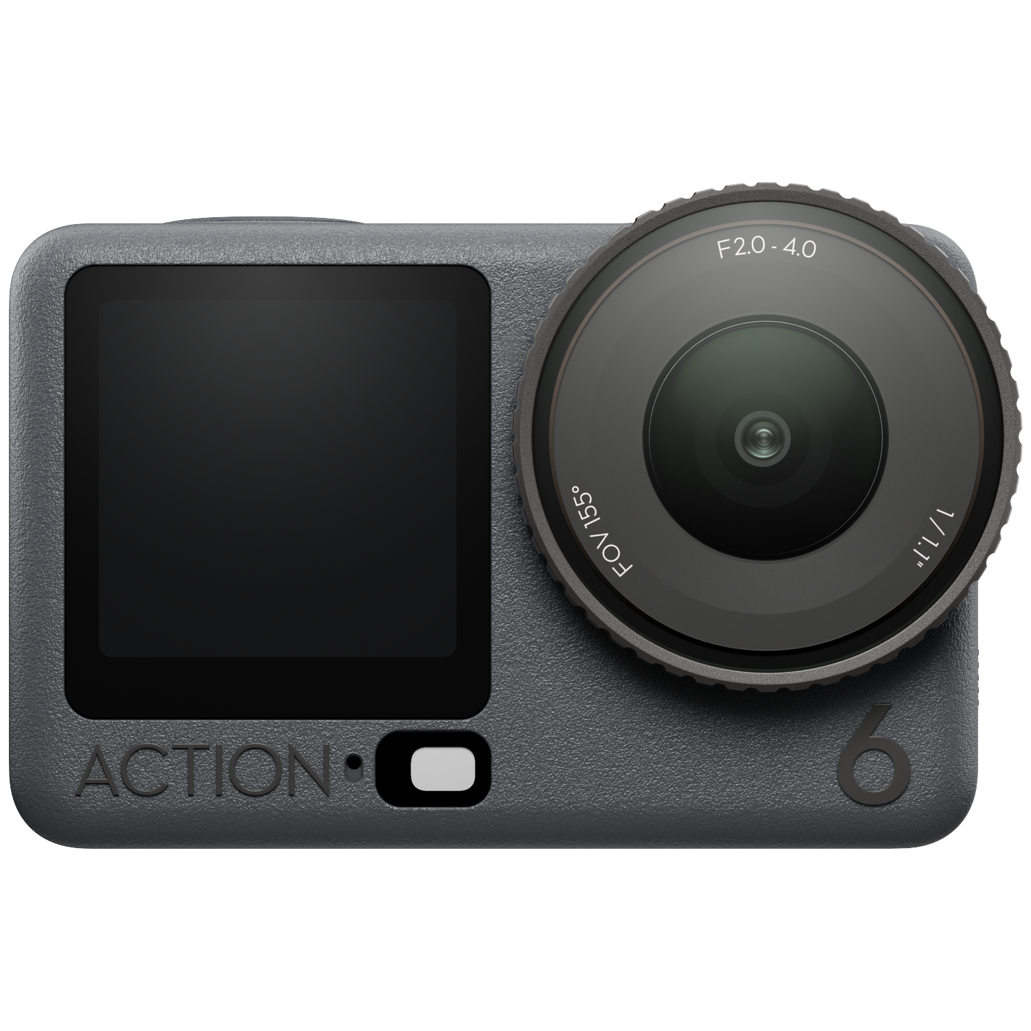 Caméra d'action grise avec un grand objectif à droite, un écran noir à gauche et le mot ACTION visible.