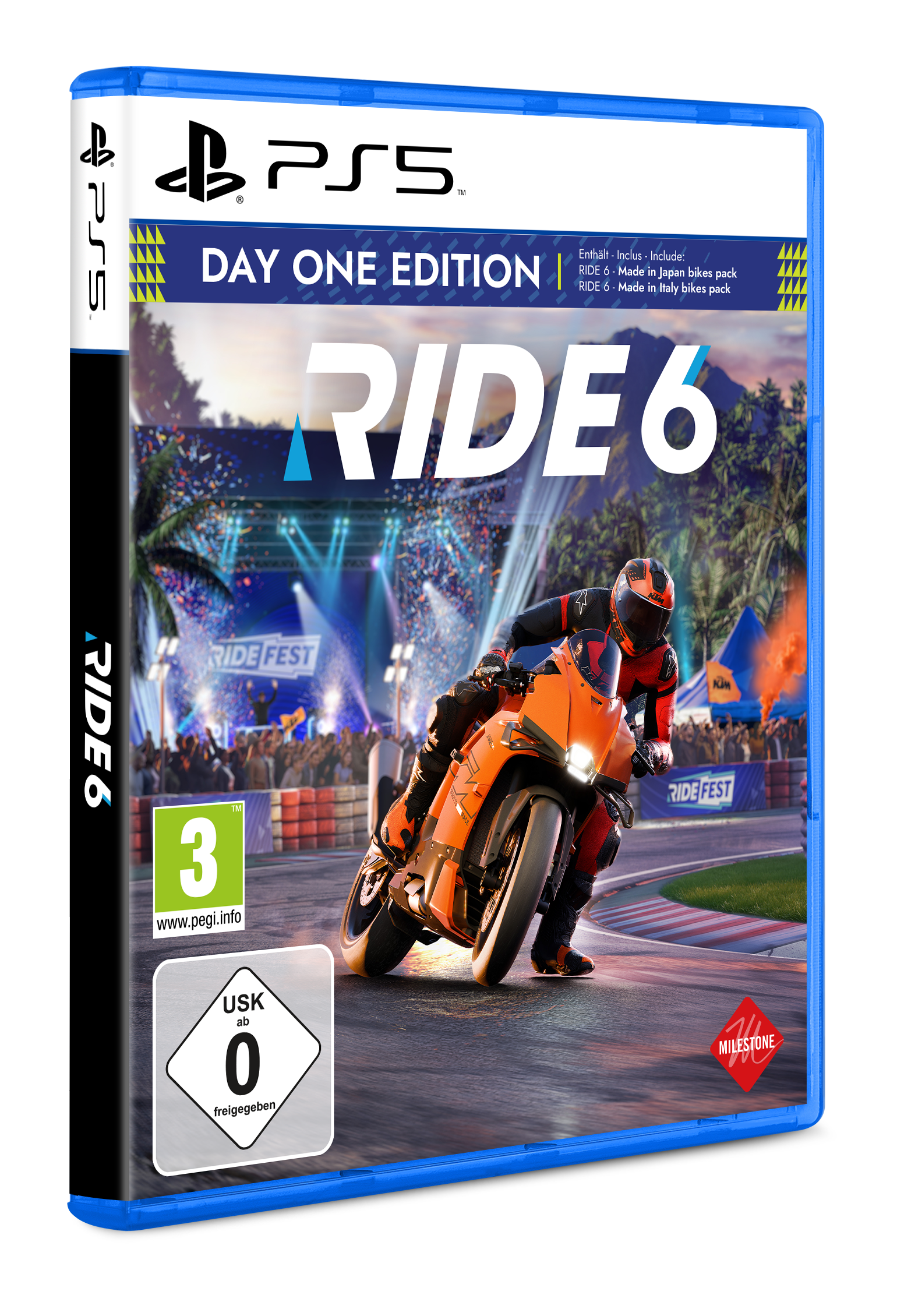 Spielcover von Ride 6. Ein Motorradrennfahrer in orangefarbenem Anzug auf einer Rennstrecke. PS5-Logo und Spieletitel sichtbar.