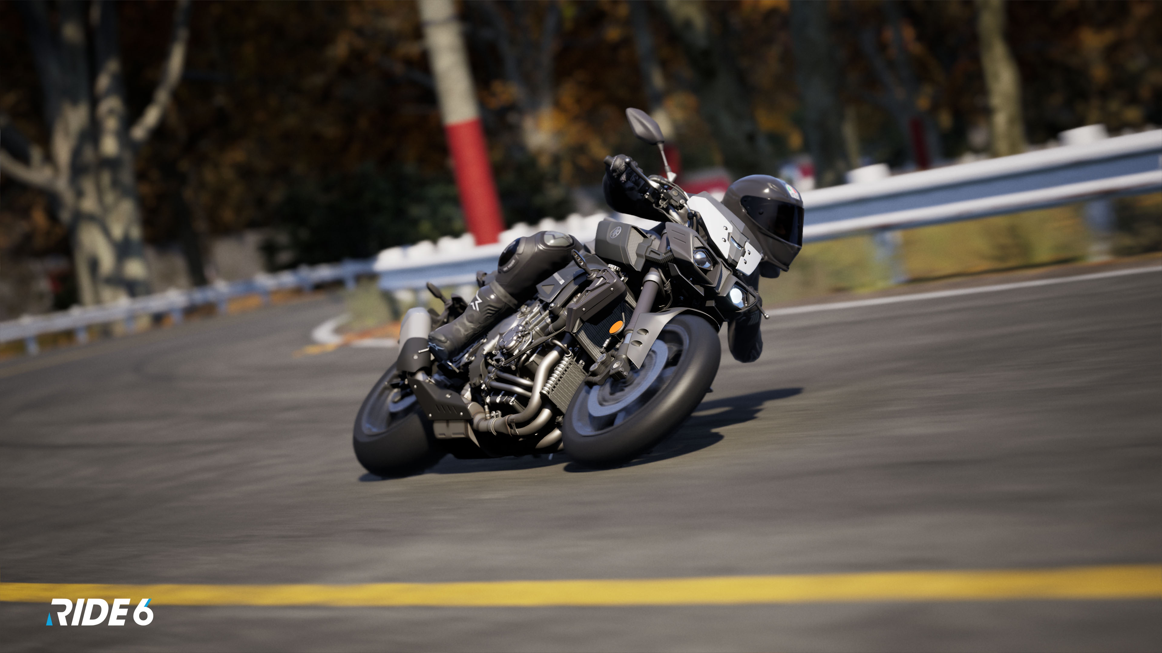 Ein Motorrad neigt sich in einer Kurve auf einer kurvenreichen Straße. Der Fahrer trägt einen Helm. Bäume säumen den Hintergrund.