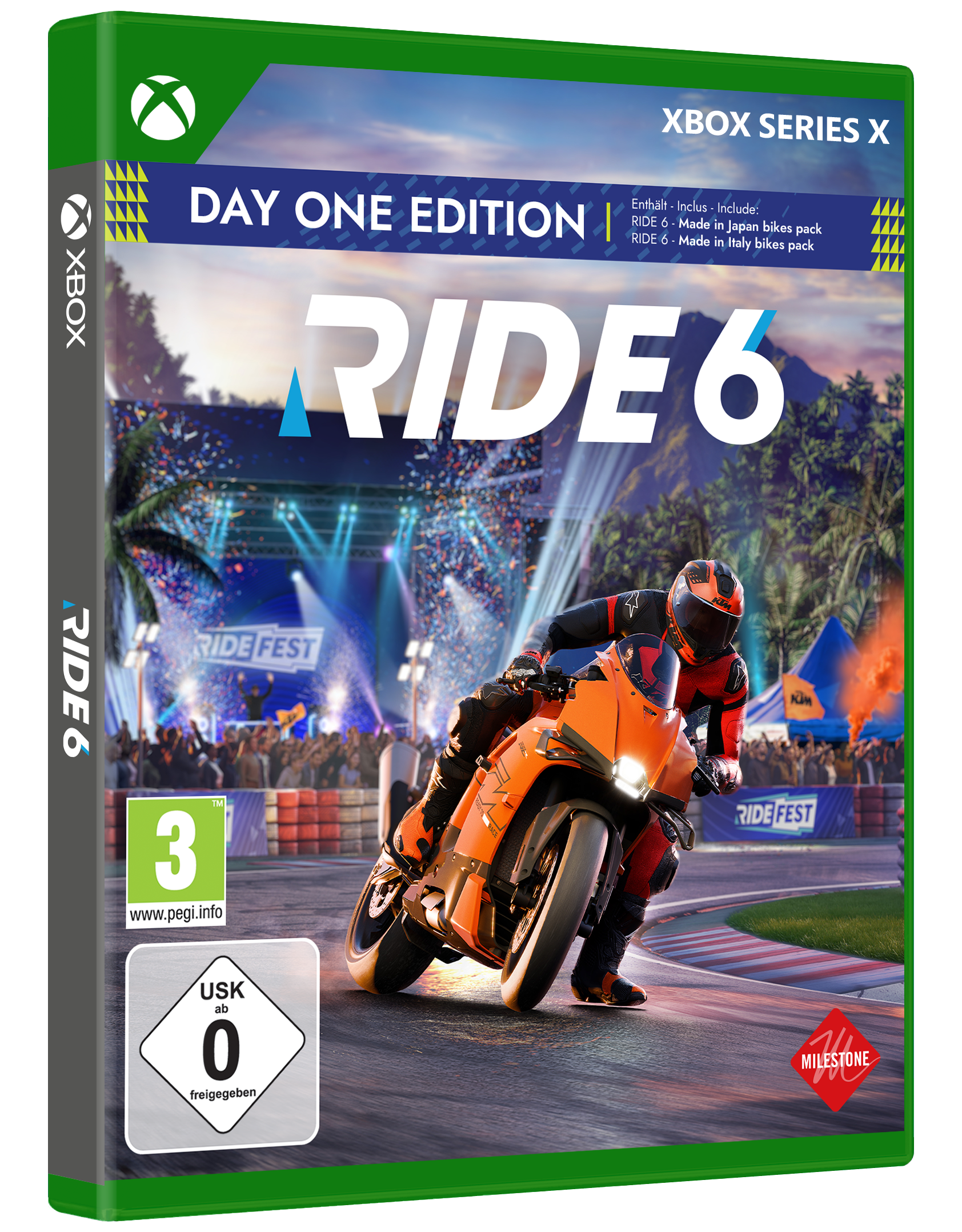 Xbox Series X Spielbox für Ride 6. Zeigt ein Motorradrennen auf einer Rennstrecke mit einem Fahrer. Die Box ist grün mit einem Logo.