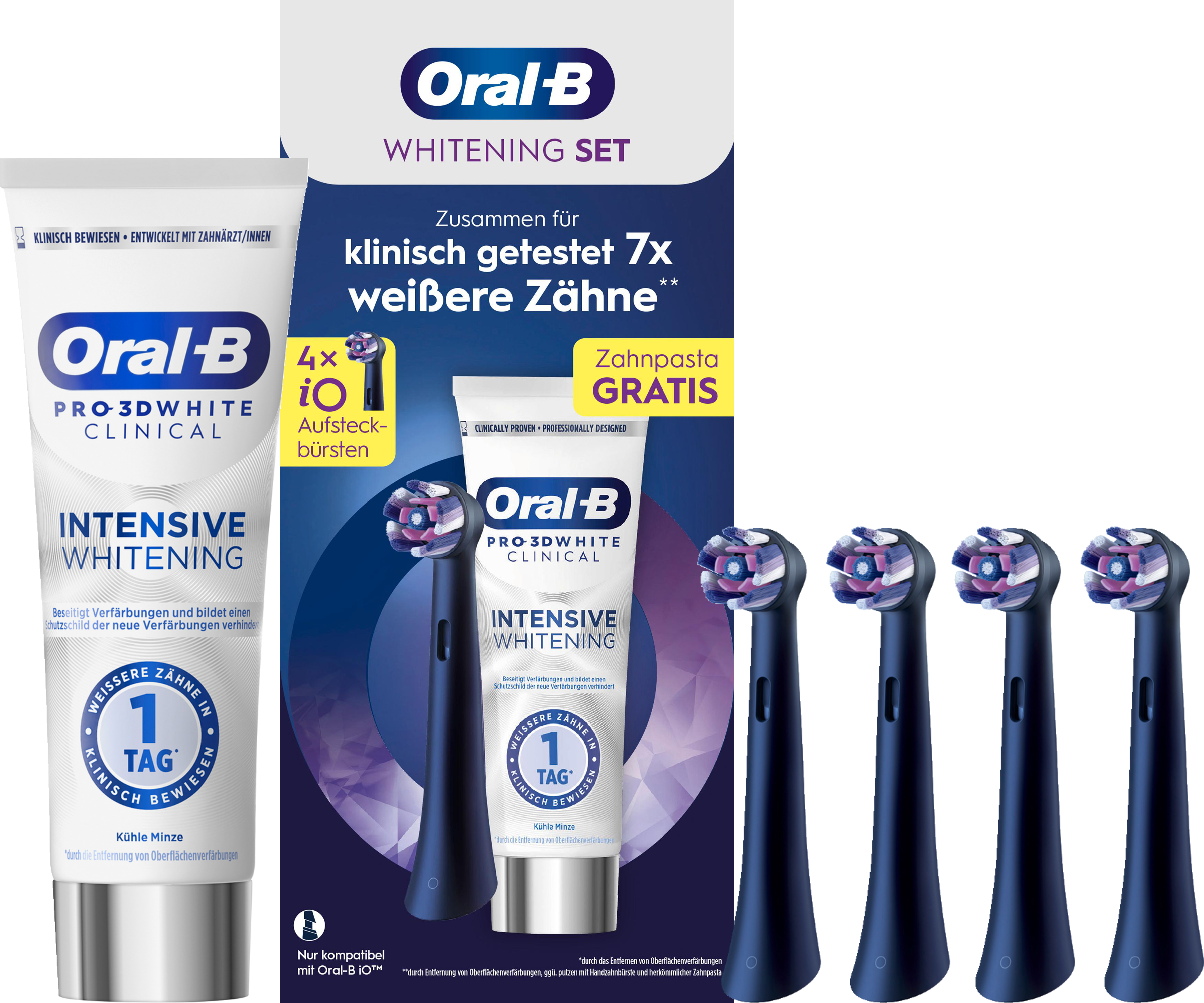 Oral-B Whitening-Set mit Zahnpasta und Bürstenköpfen. Die Verpackung zeigt Zahnpasta und Bürstenköpfe.