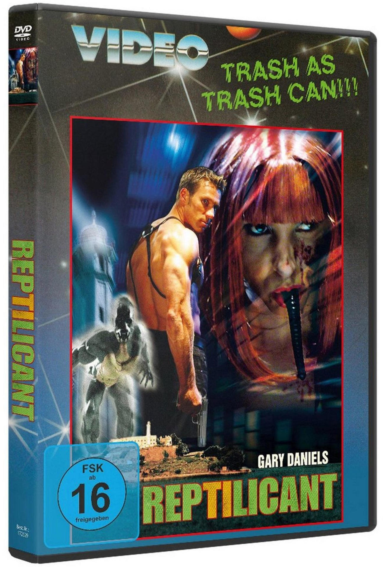 DVD-Cover für 'Replicant'. Zeigt einen Mann, eine Frau mit roten Haaren und ein Wesen. Text enthält 'Trash as Trash Can!!!'.