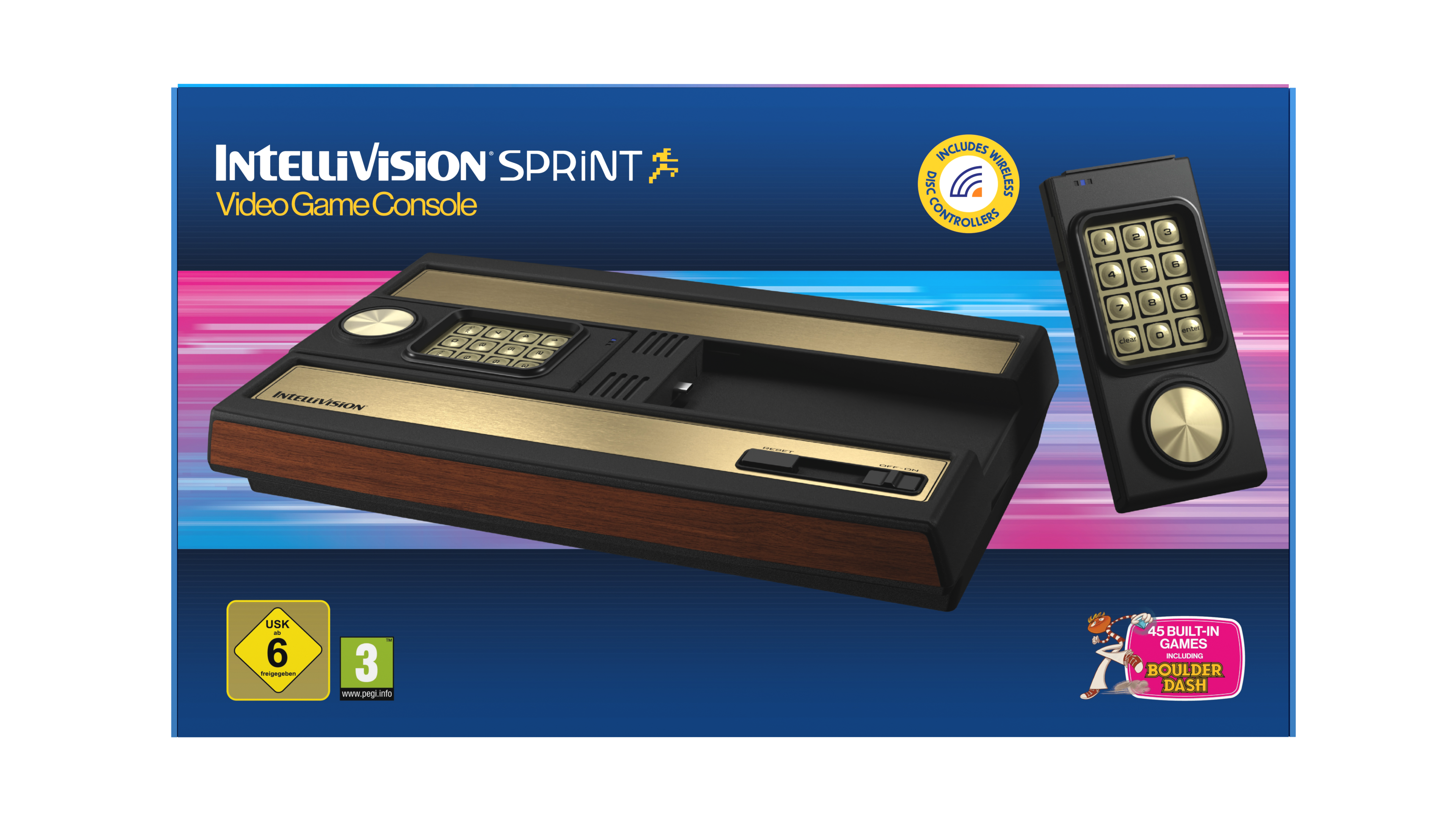 Intellivision Sprint Videospielkonsole. Schwarze und goldene Konsole mit Controller. Enthält 45 eingebaute Spiele, darunter Boulder Dash.