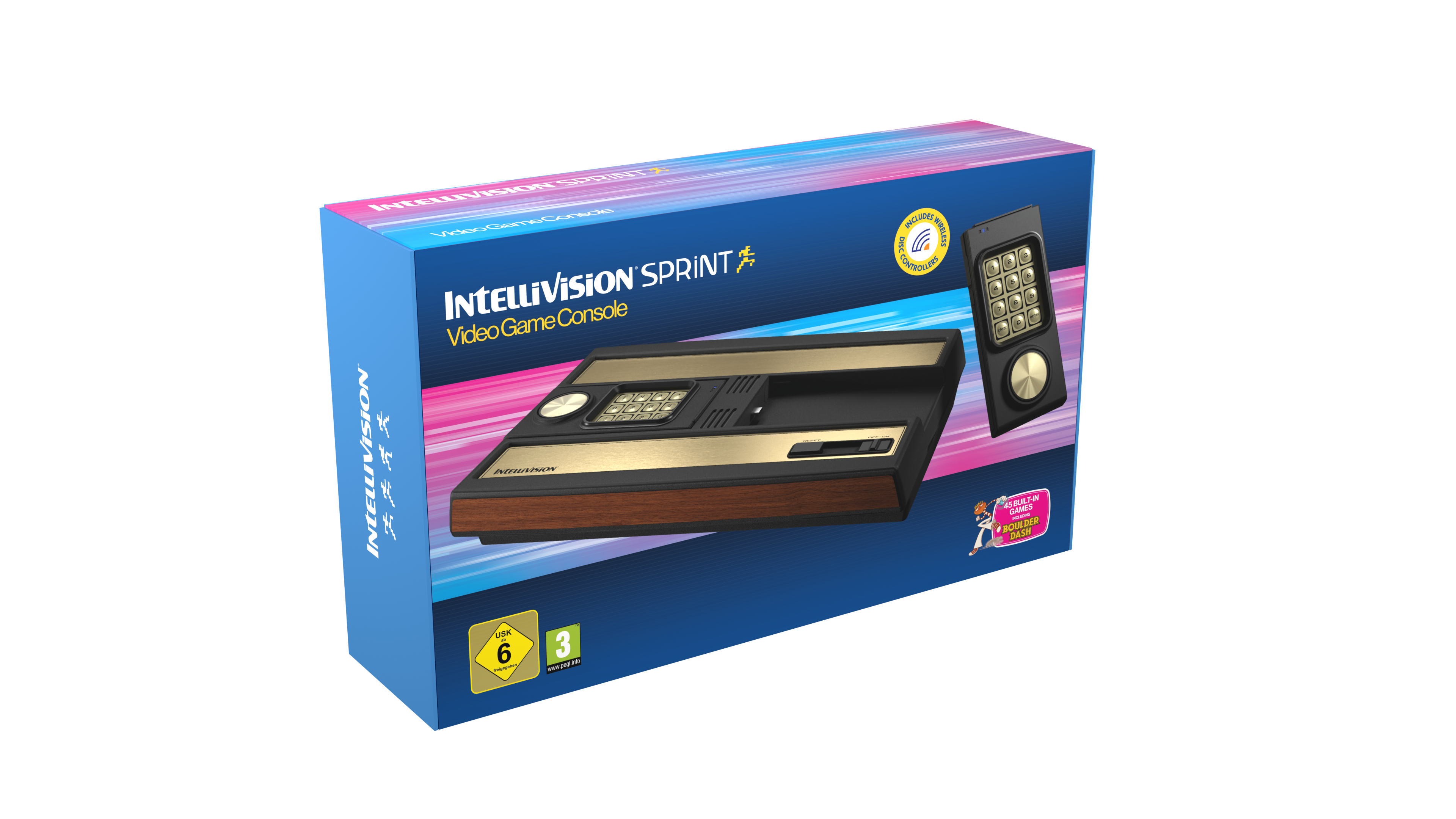 Intellivision Sprint Box. Konsole und Controller sind sichtbar. Die Box zeigt die Konsole und Spieldetails.