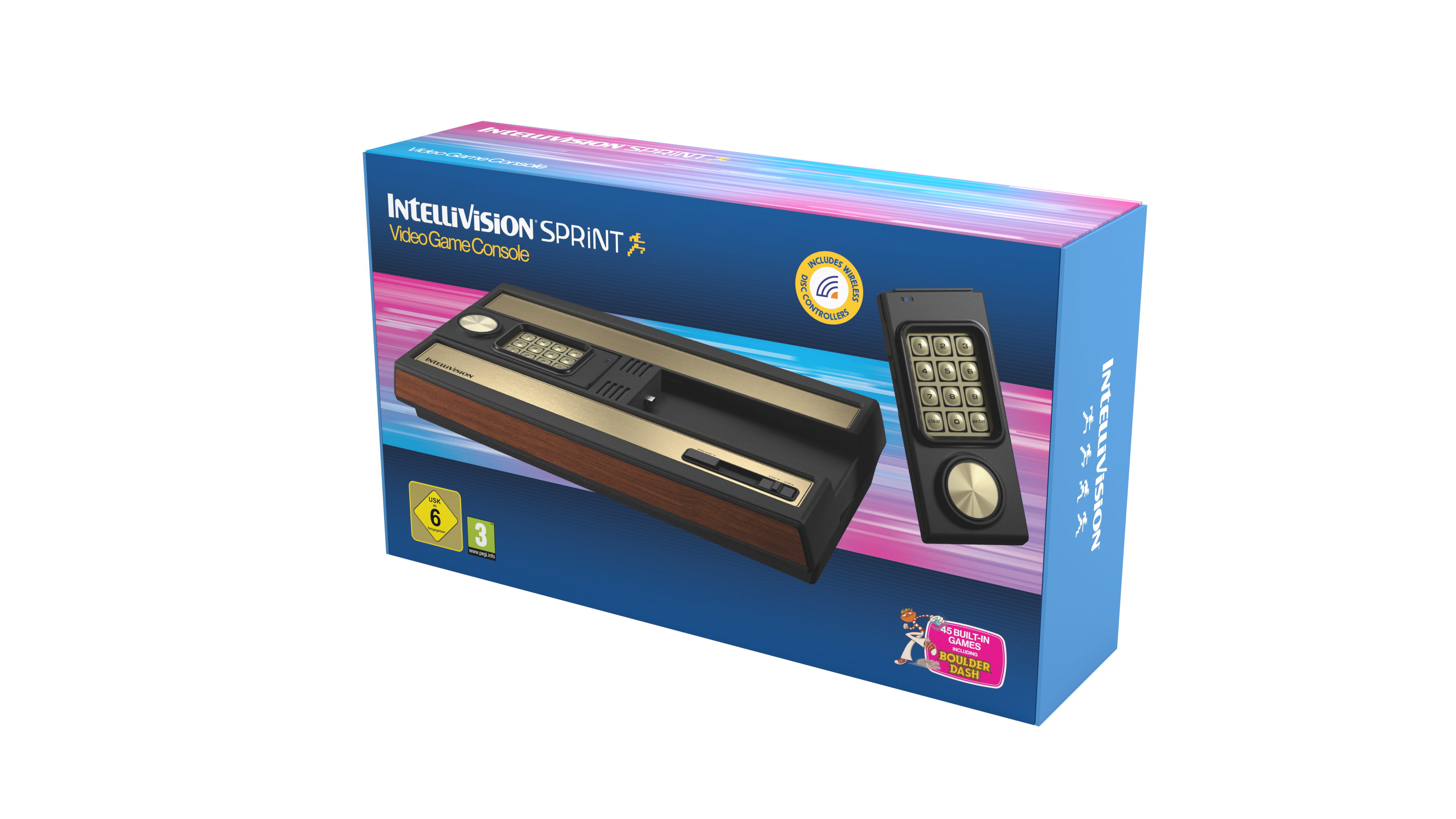 Intellivision Sprint Konsolenbox. Sie hat die Konsole, einen Controller und Spiele. Blaue Box mit rosa und lila Details.