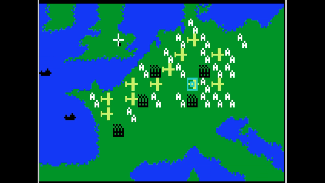 Eine pixelige Europakarte. Grünes Land, blaues Meer und Symbole für Flugzeuge und Strukturen. Eine Retro-Videospiel-Ästhetik.