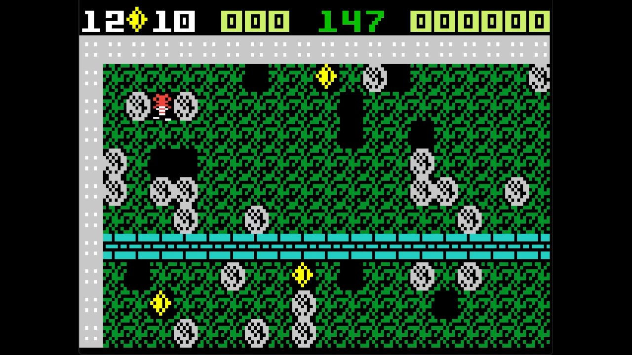 Ein Retro-Videospielbildschirm. Eine Figur befindet sich oben links mit einer Anzeige. Die Szene ist ein grünes Feld mit Hindernissen.