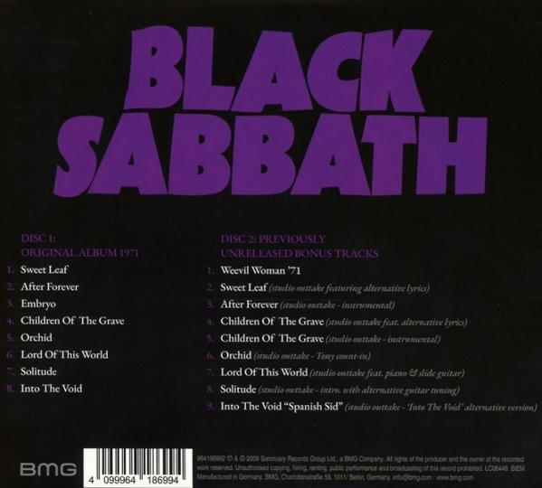 Albumcover: großer violetter Text 'BLACK SABBATH'. Unten sind Titellisten für 2 CDs und ein Barcode.