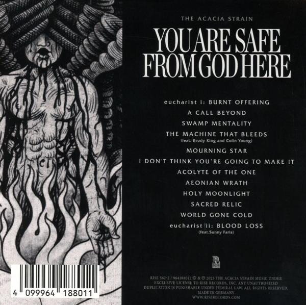 Albumcover mit muskulöser Figur, Text 'You Are Safe From God Here' und Titelliste.